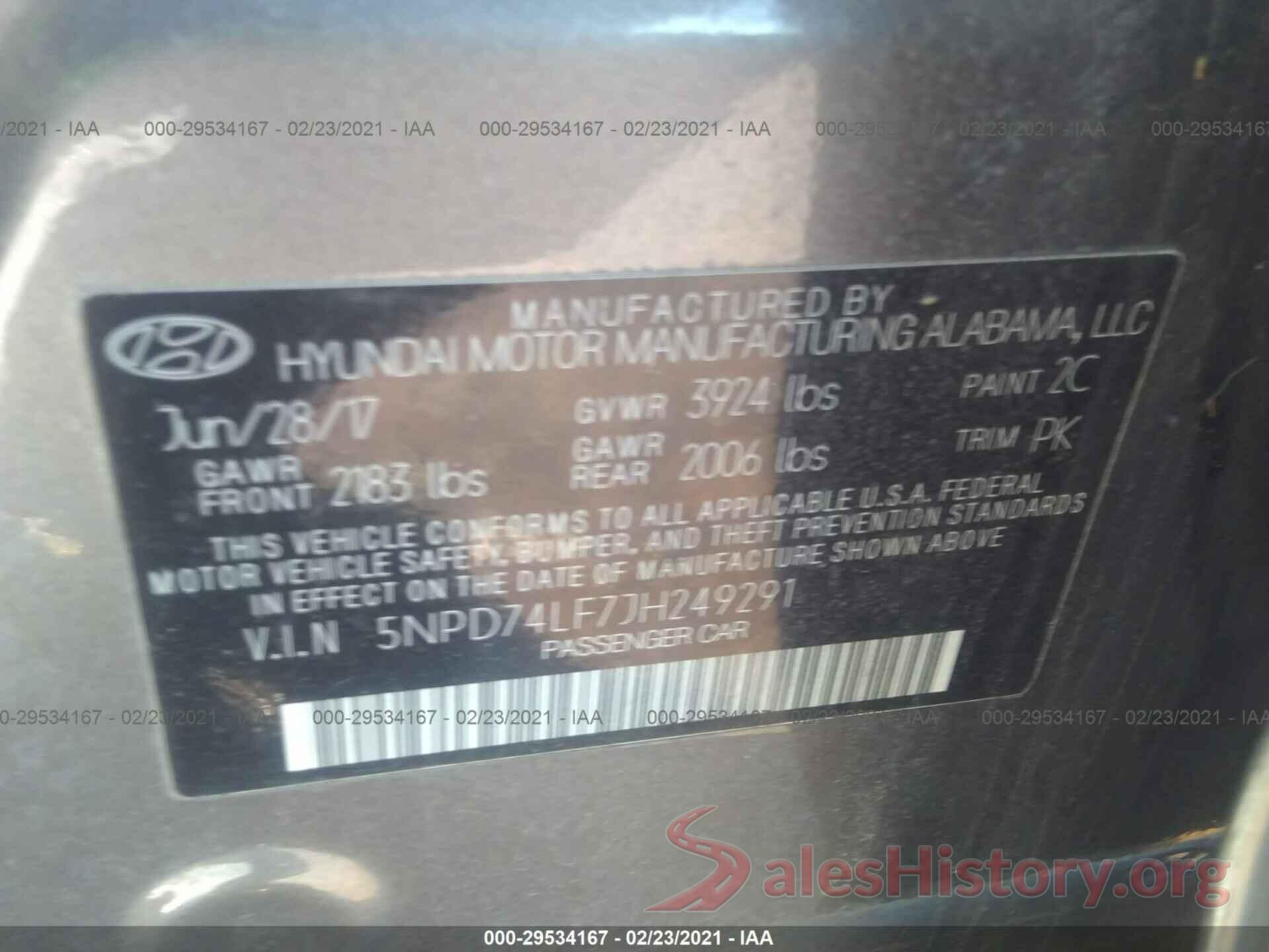 5NPD74LF7JH249291 2018 HYUNDAI ELANTRA