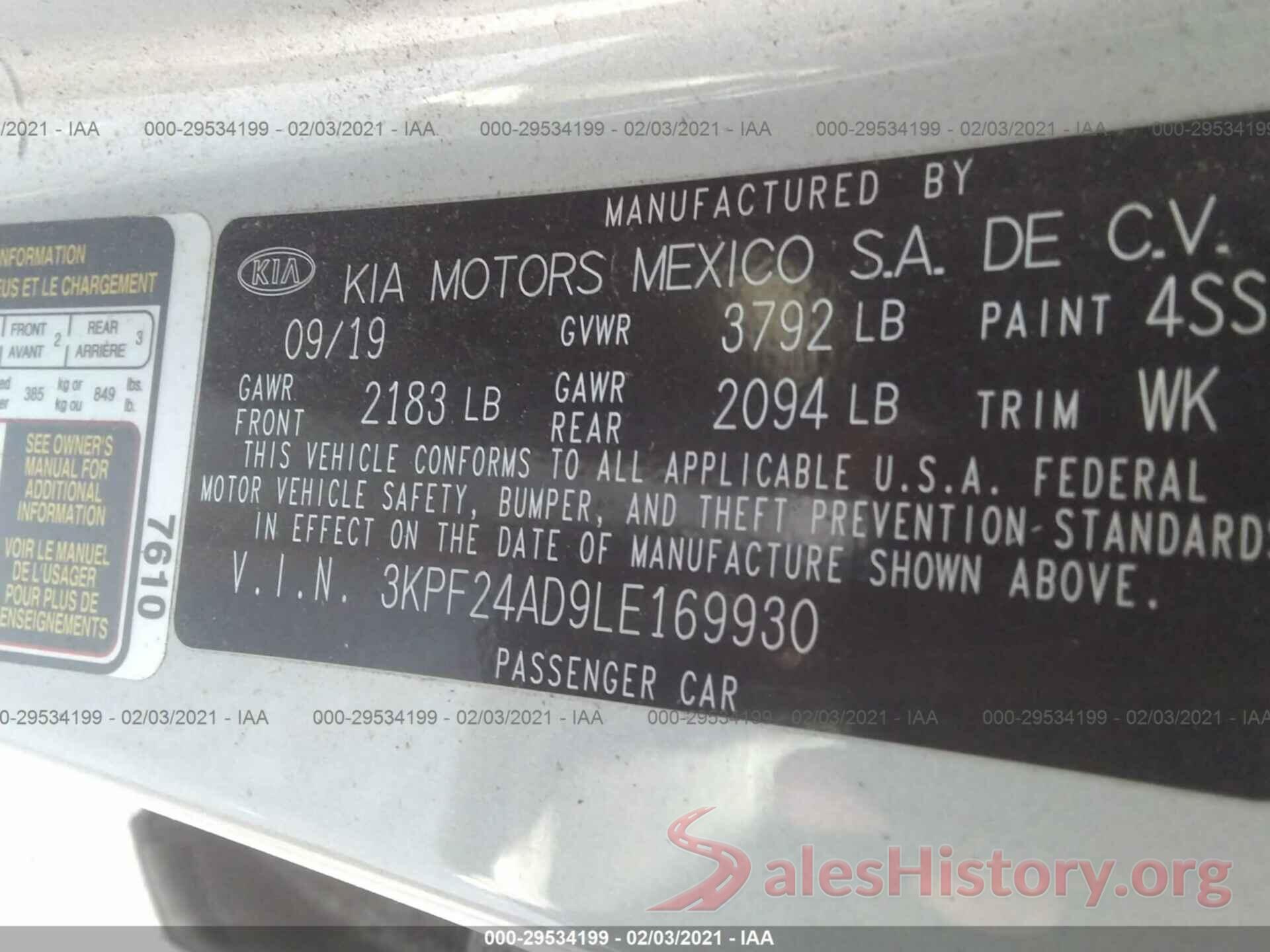 3KPF24AD9LE169930 2020 KIA FORTE