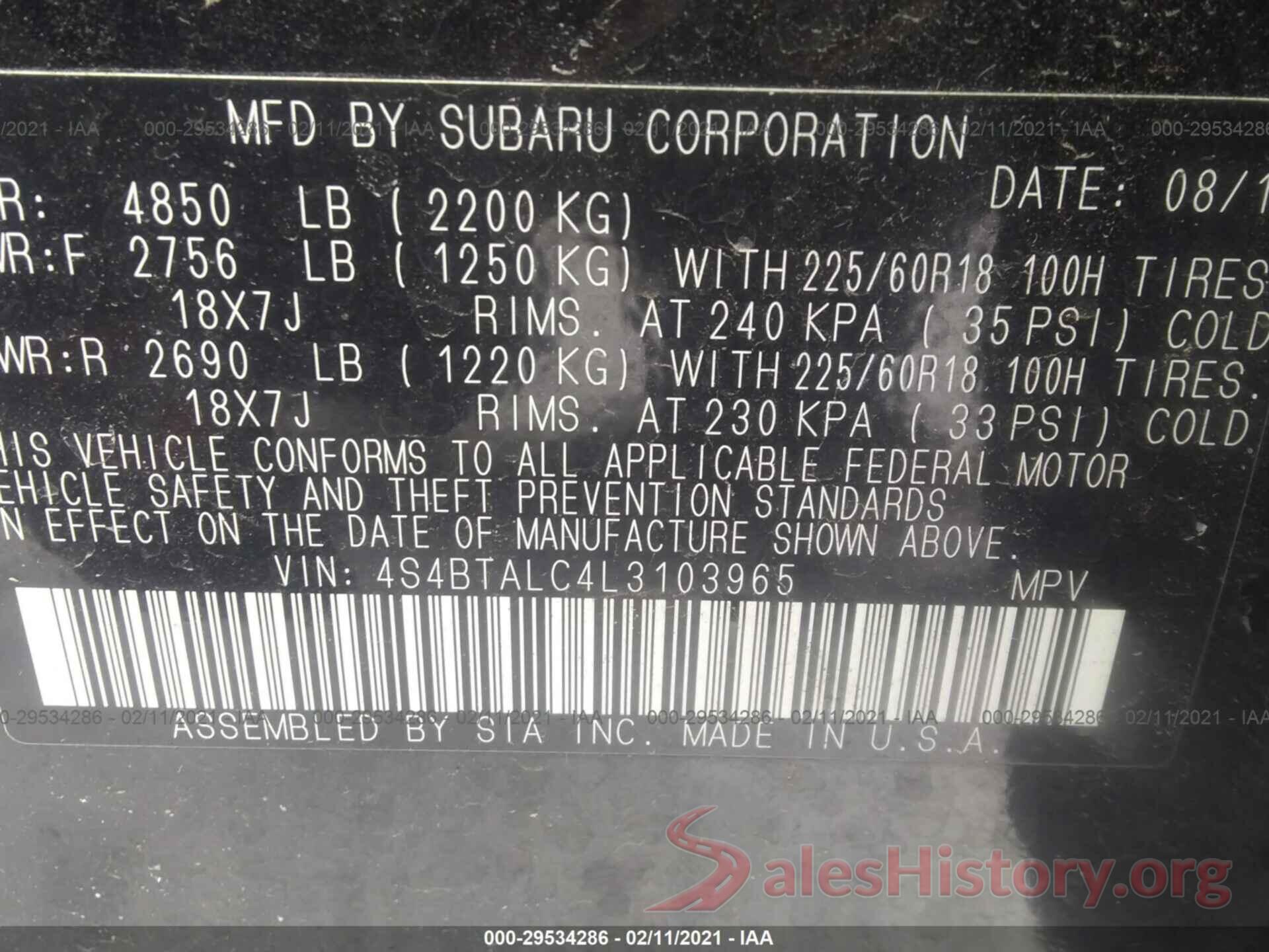 4S4BTALC4L3103965 2020 SUBARU OUTBACK