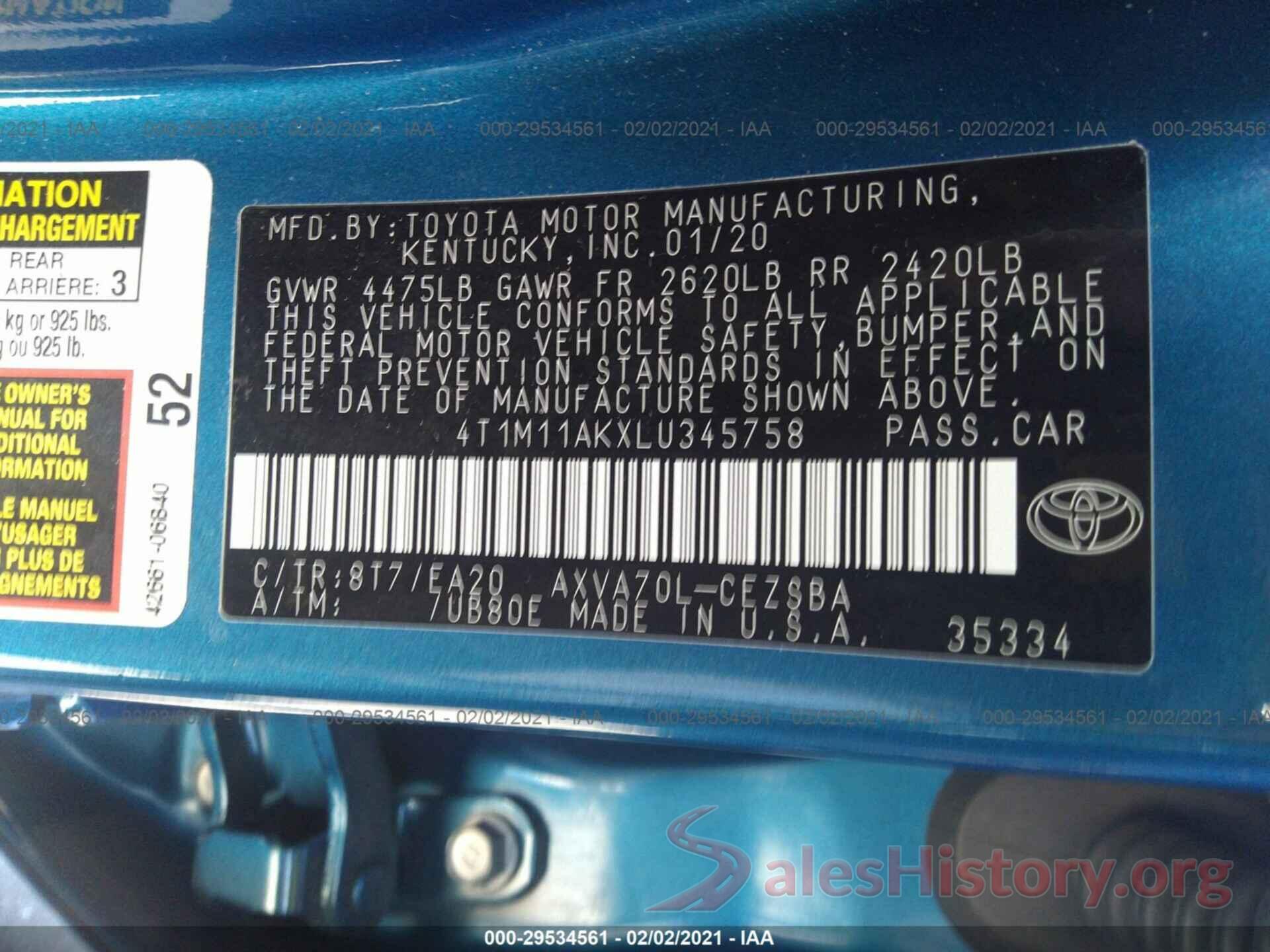 4T1M11AKXLU345758 2020 TOYOTA CAMRY