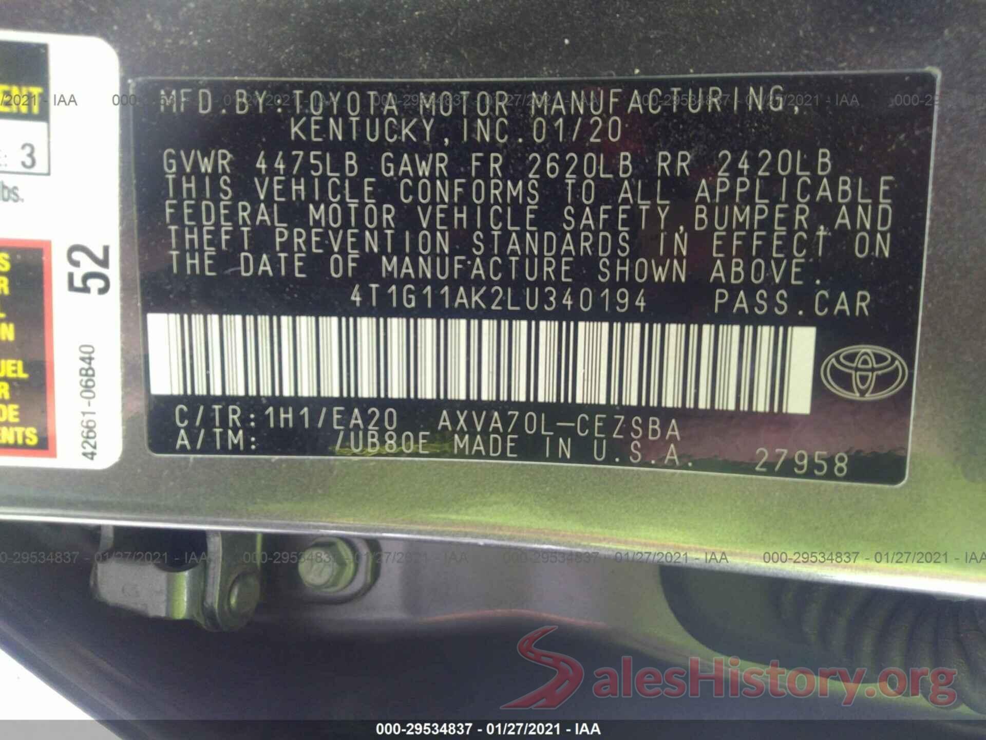 4T1G11AK2LU340194 2020 TOYOTA CAMRY