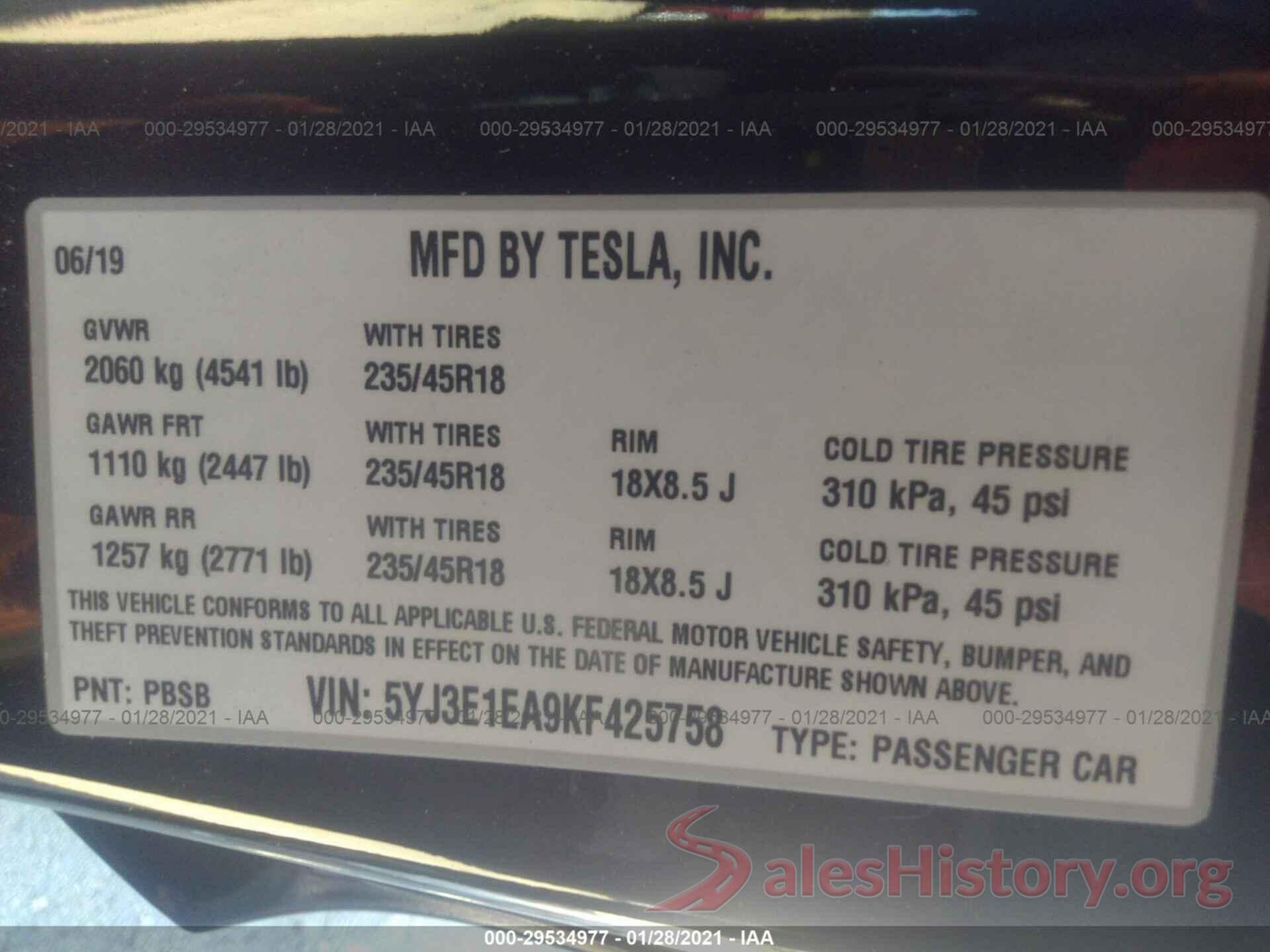 5YJ3E1EA9KF425758 2019 TESLA MODEL 3