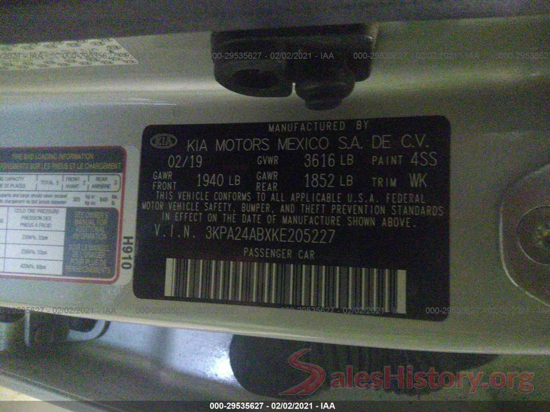 3KPA24ABXKE205227 2019 KIA RIO