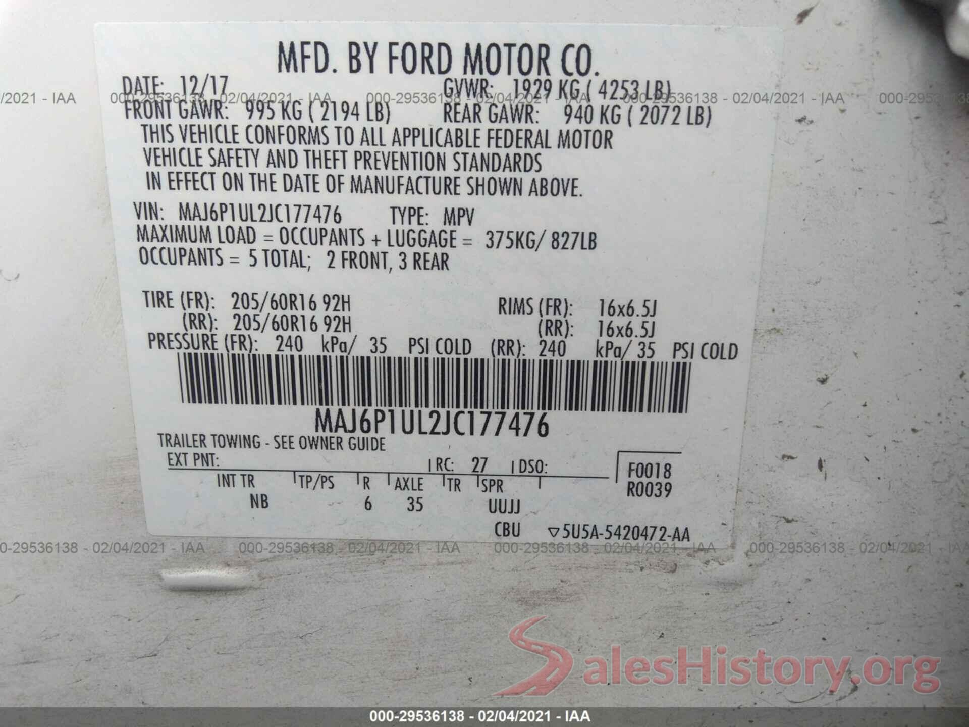 MAJ6P1UL2JC177476 2018 FORD ECOSPORT