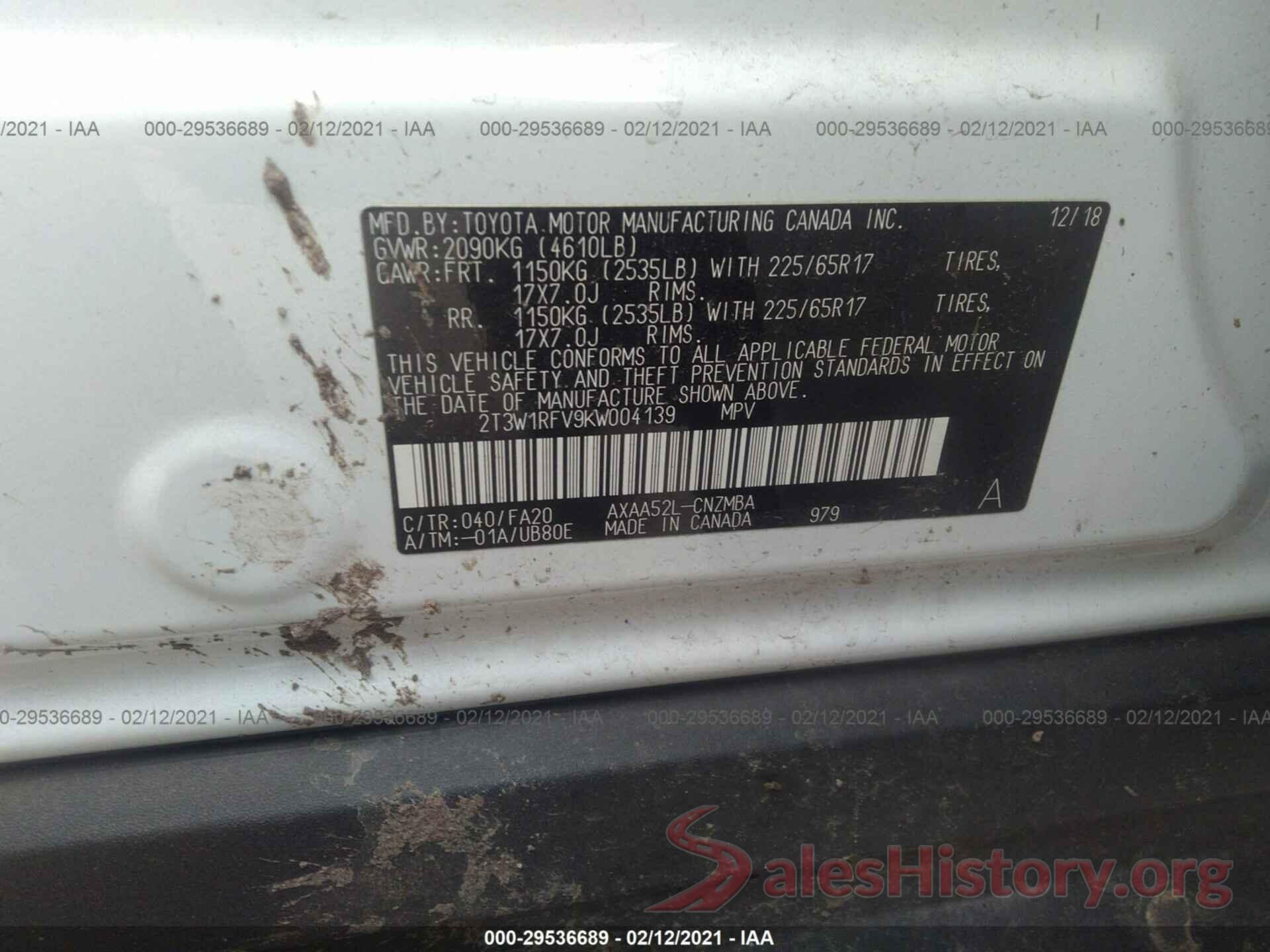 2T3W1RFV9KW004139 2019 TOYOTA RAV4