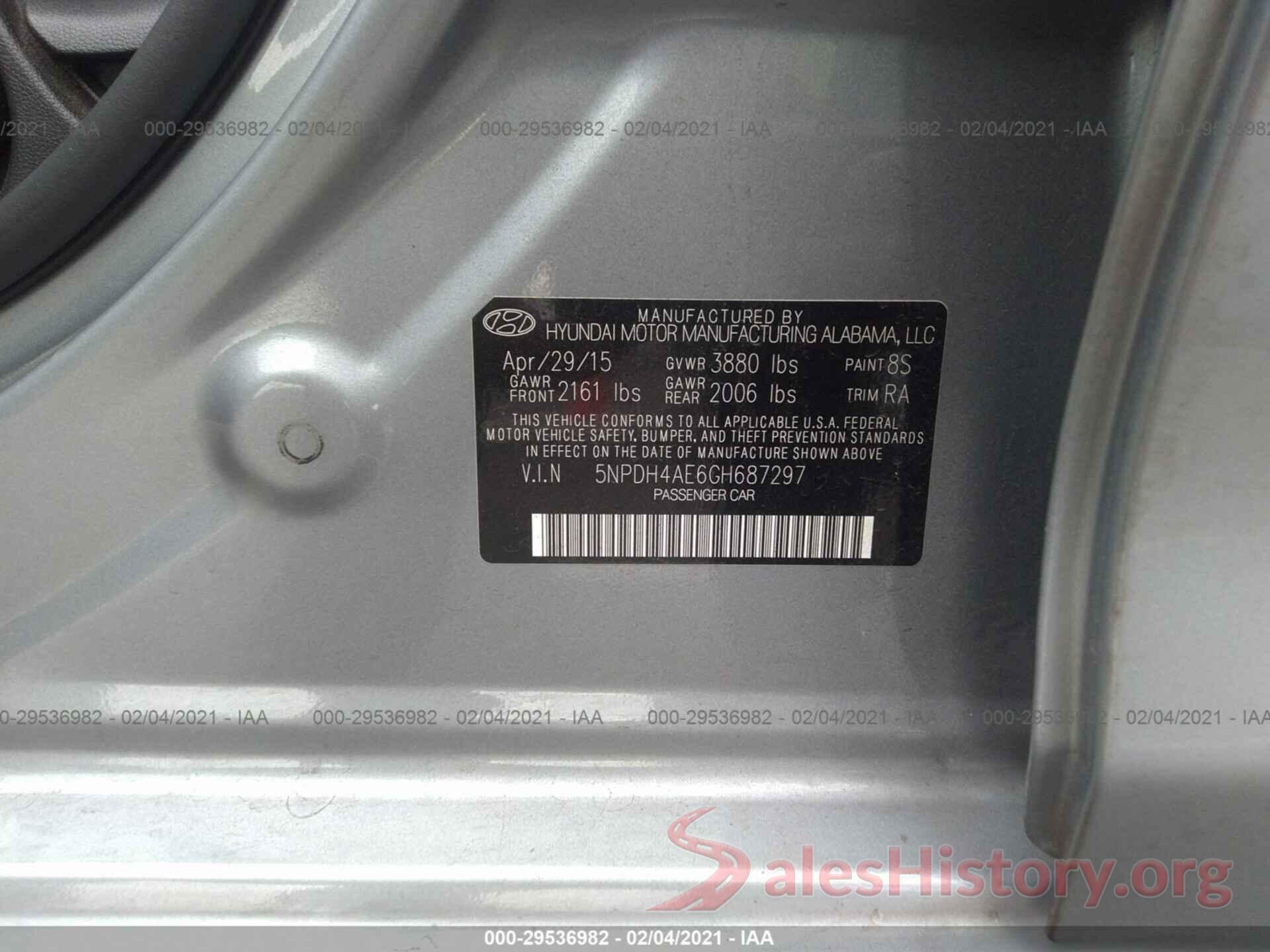 5NPDH4AE6GH687297 2016 HYUNDAI ELANTRA