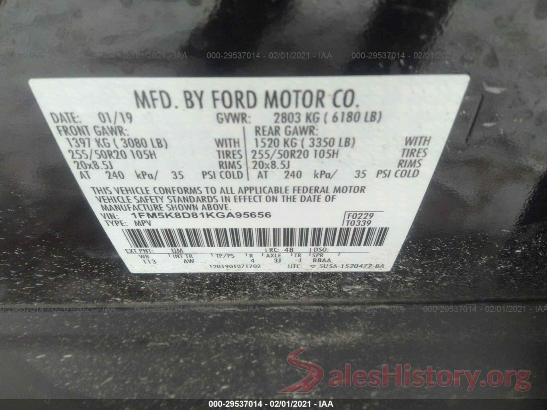 1FM5K8D81KGA95656 2019 FORD EXPLORER