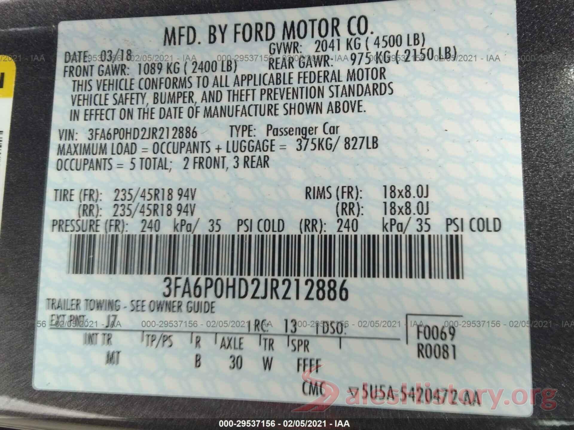 3FA6P0HD2JR212886 2018 FORD FUSION