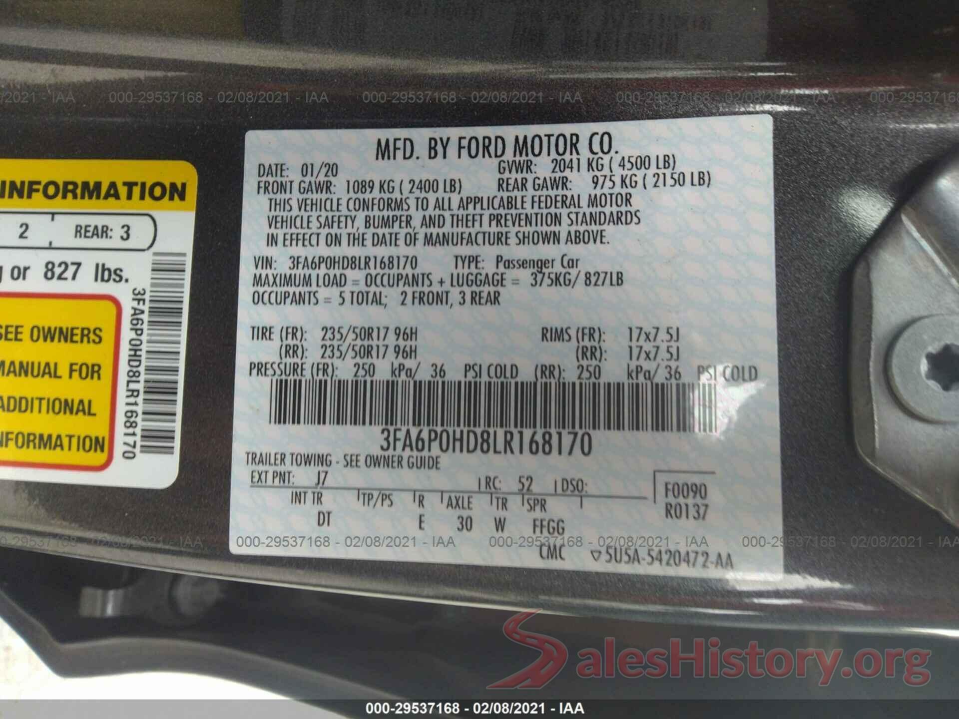 3FA6P0HD8LR168170 2020 FORD FUSION