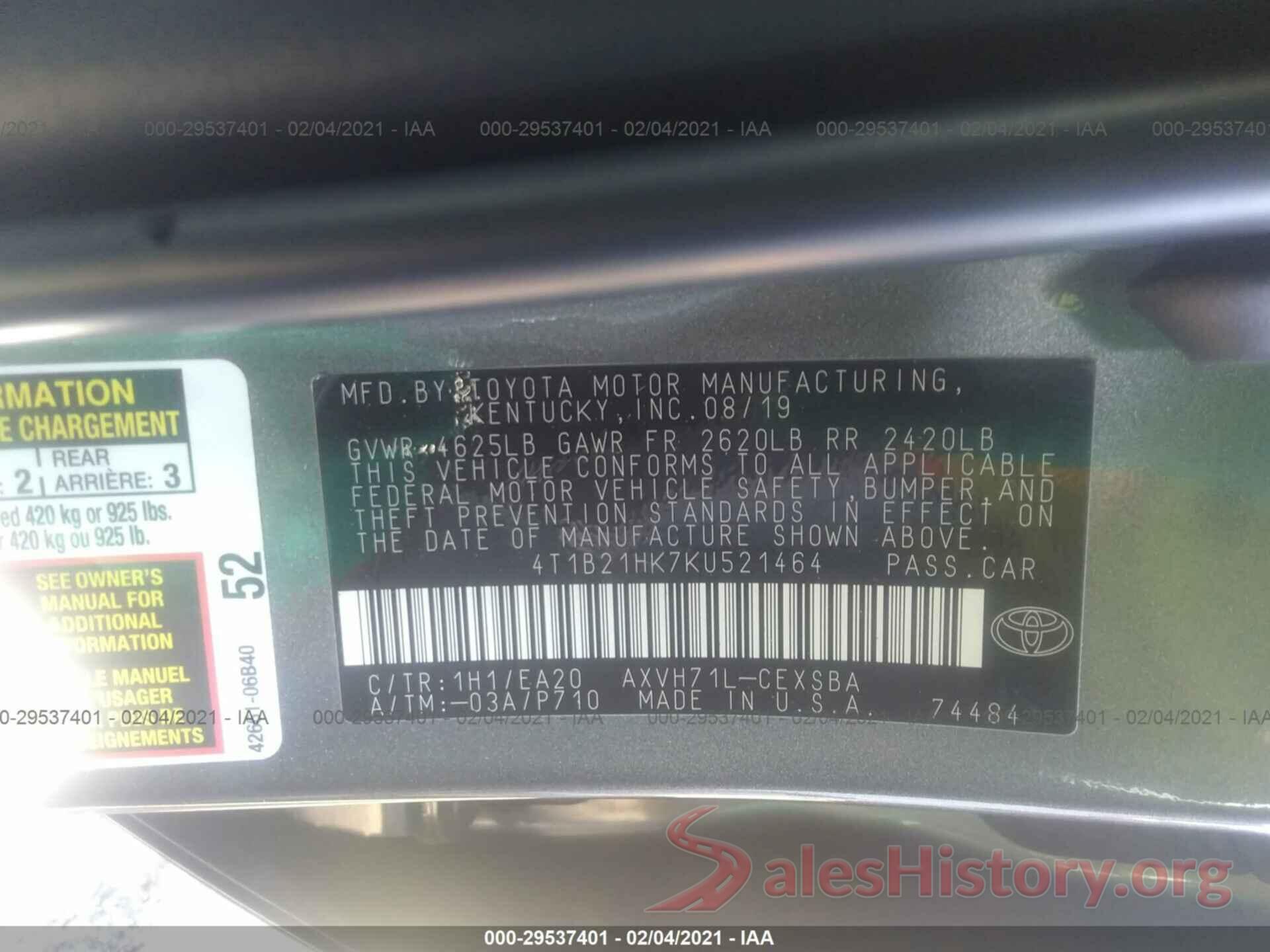 4T1B21HK7KU521464 2019 TOYOTA CAMRY