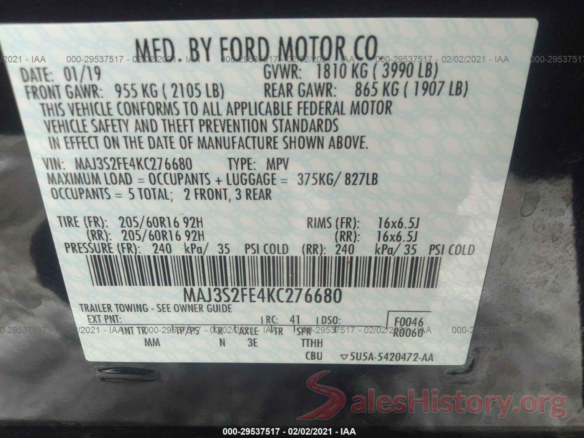 MAJ3S2FE4KC276680 2019 FORD ECOSPORT