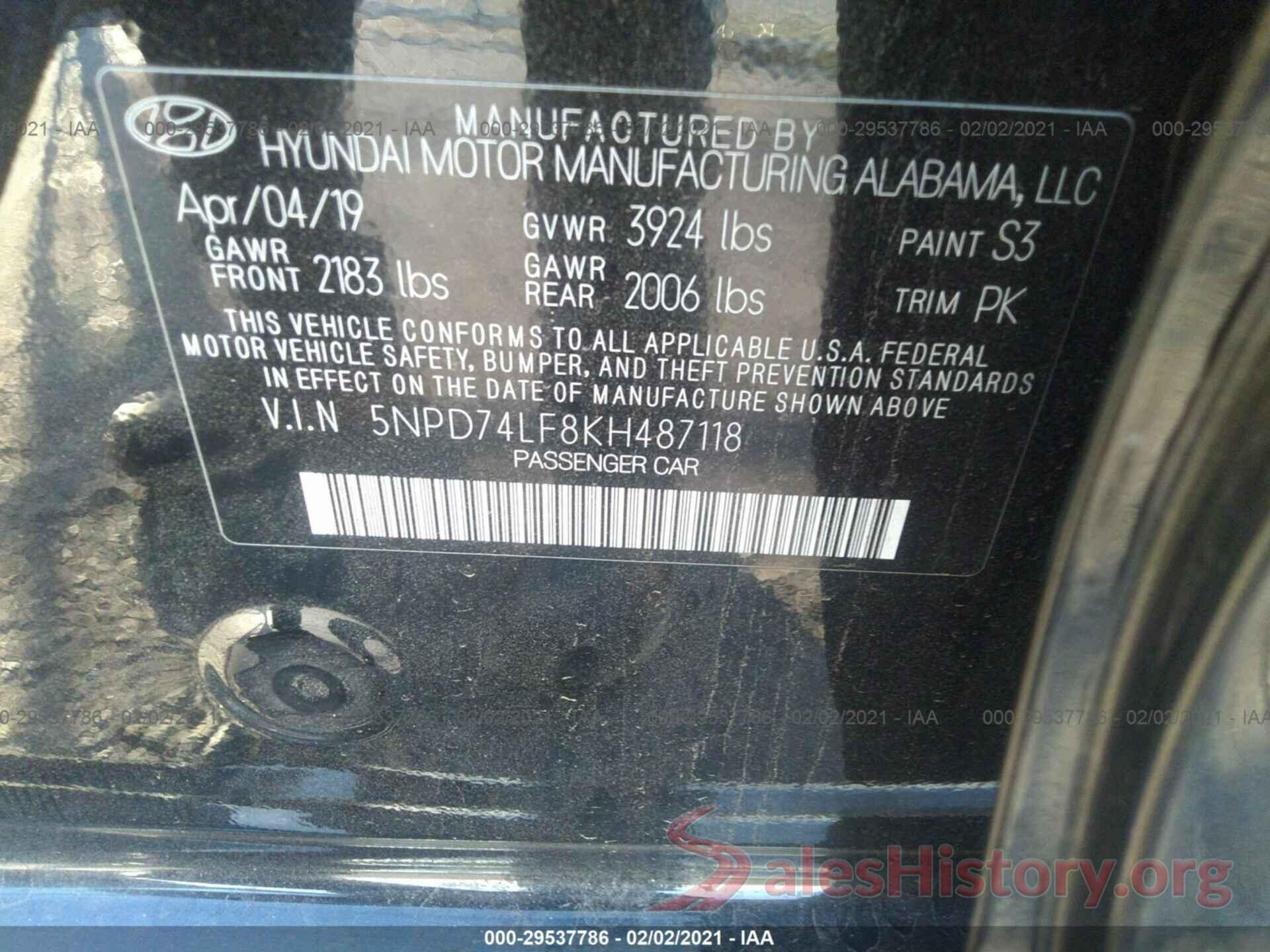 5NPD74LF8KH487118 2019 HYUNDAI ELANTRA