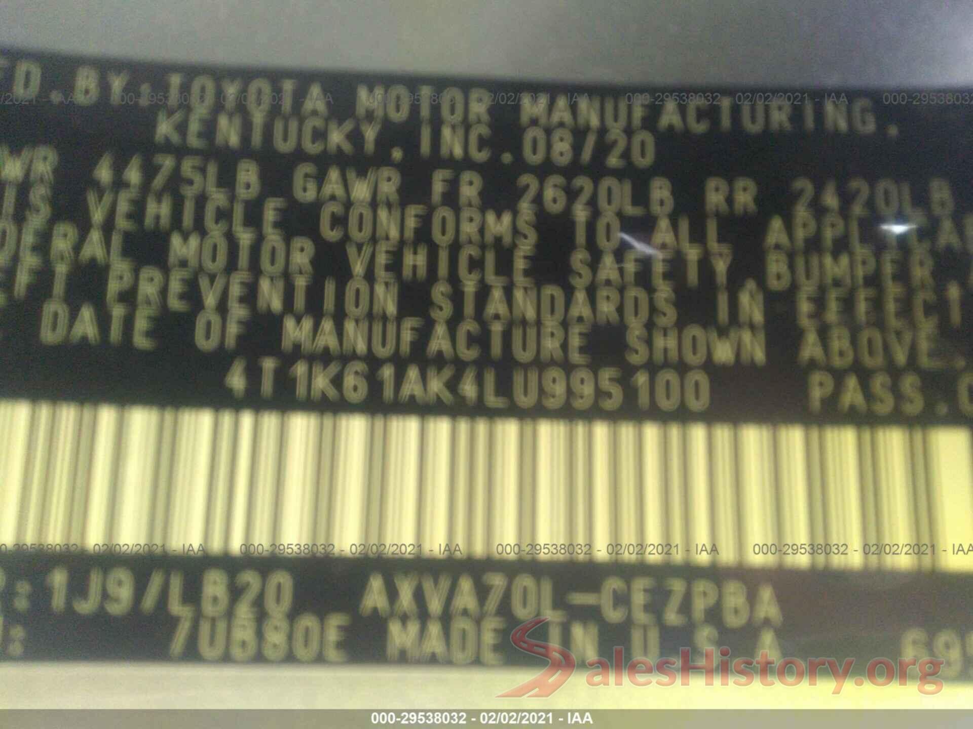 4T1K61AK4LU995100 2020 TOYOTA CAMRY