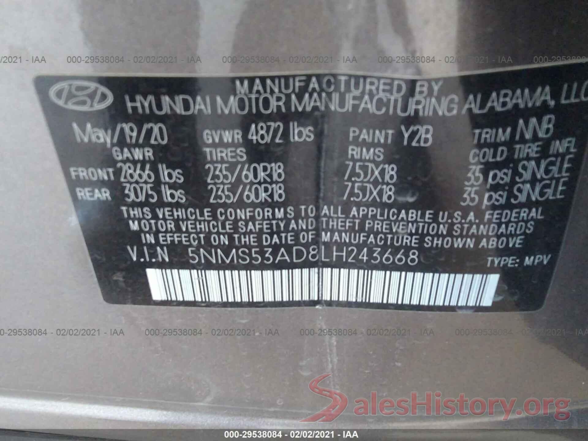 5NMS53AD8LH243668 2020 HYUNDAI SANTA FE