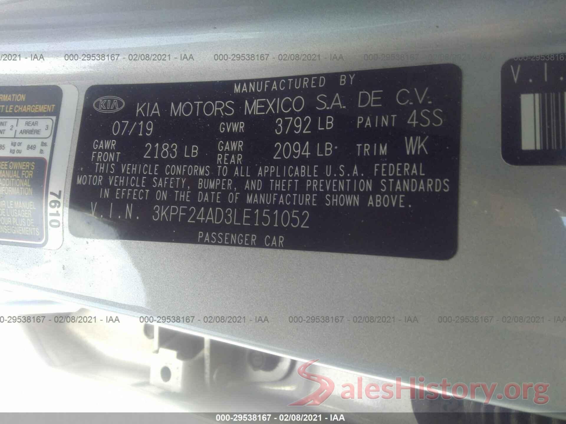 3KPF24AD3LE151052 2020 KIA FORTE