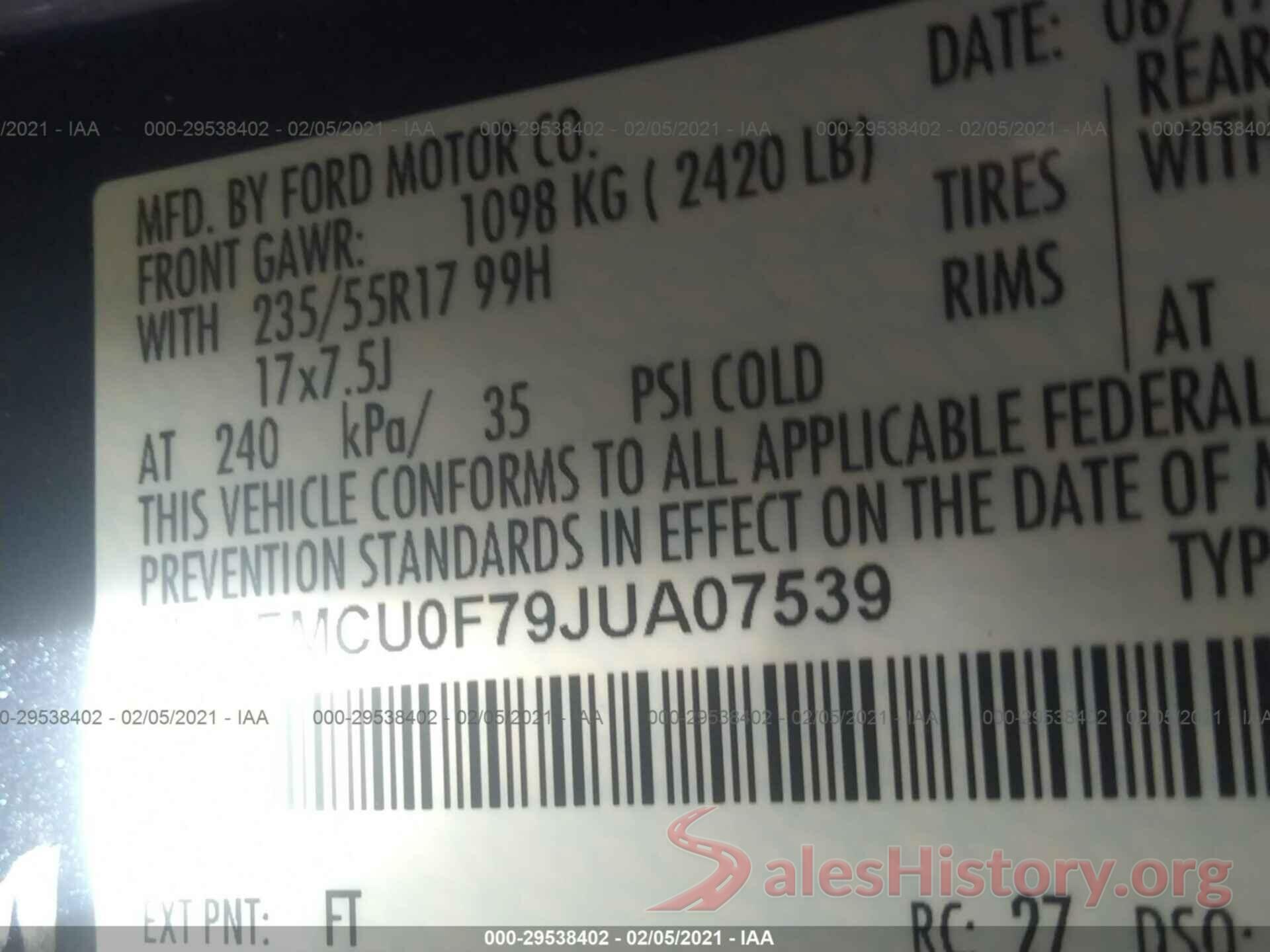 1FMCU0F79JUA07539 2018 FORD ESCAPE