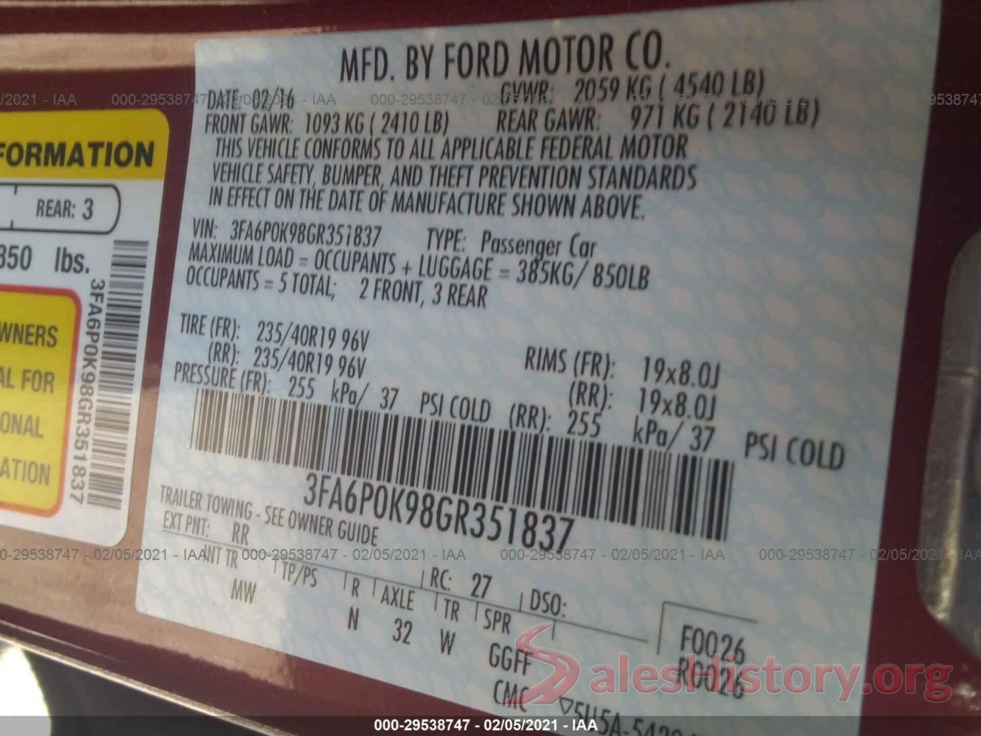 3FA6P0K98GR351837 2016 FORD FUSION