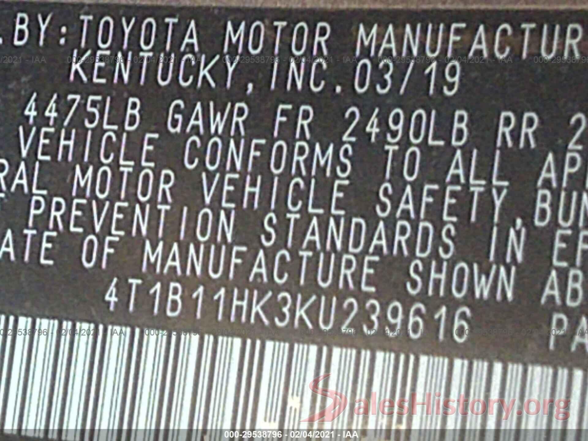 4T1B11HK3KU239616 2019 TOYOTA CAMRY