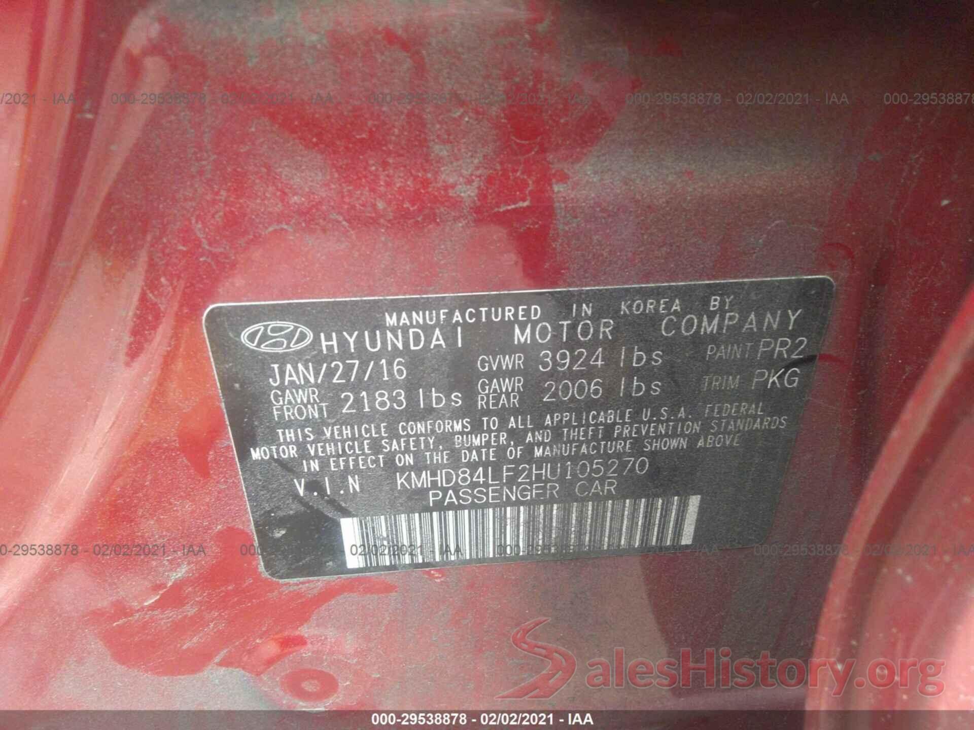 KMHD84LF2HU105270 2017 HYUNDAI ELANTRA