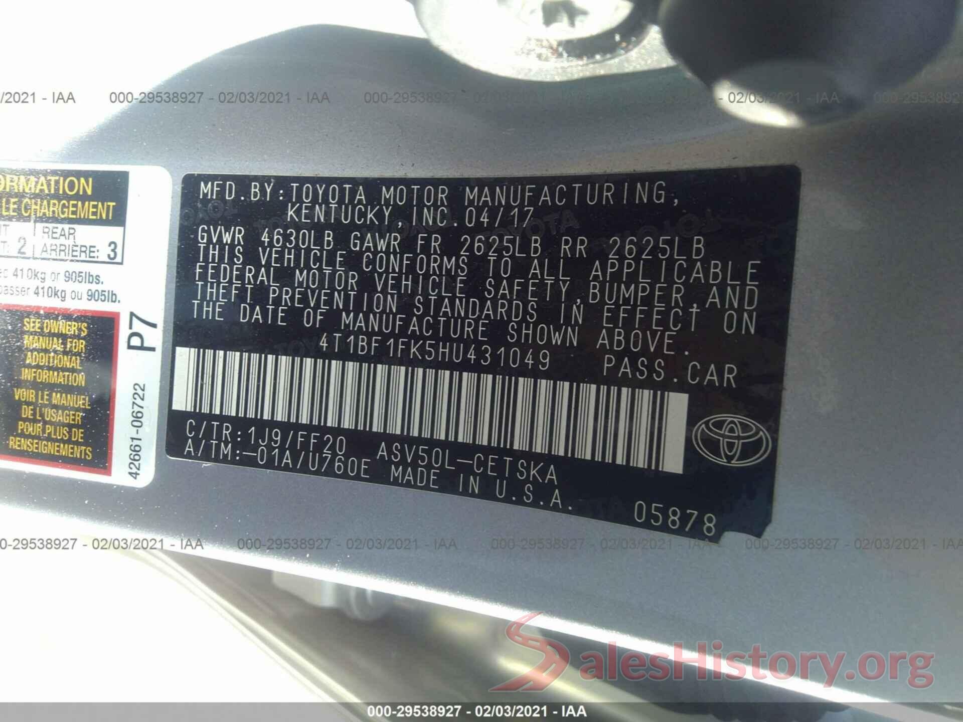 4T1BF1FK5HU431049 2017 TOYOTA CAMRY