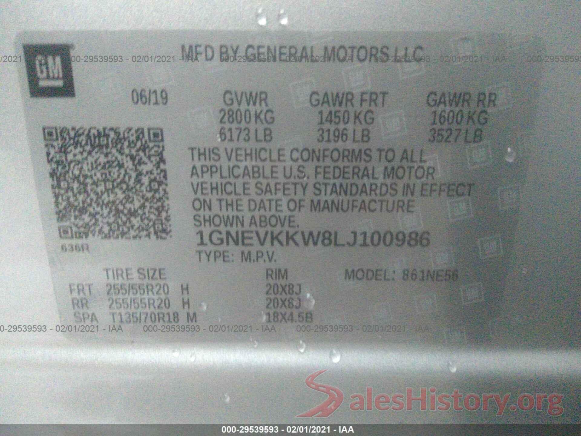 1GNEVKKW8LJ100986 2020 CHEVROLET TRAVERSE