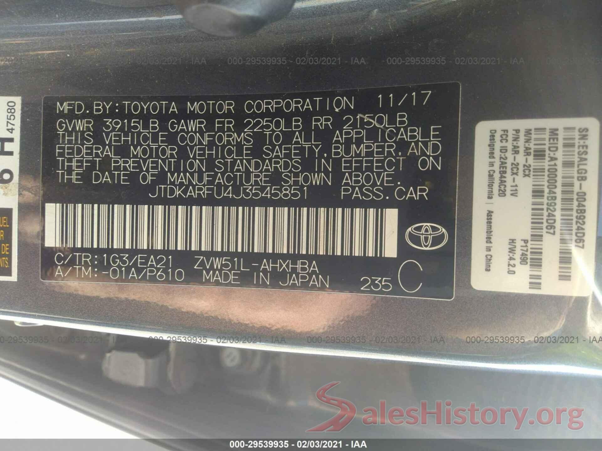 JTDKARFU4J3545851 2018 TOYOTA PRIUS