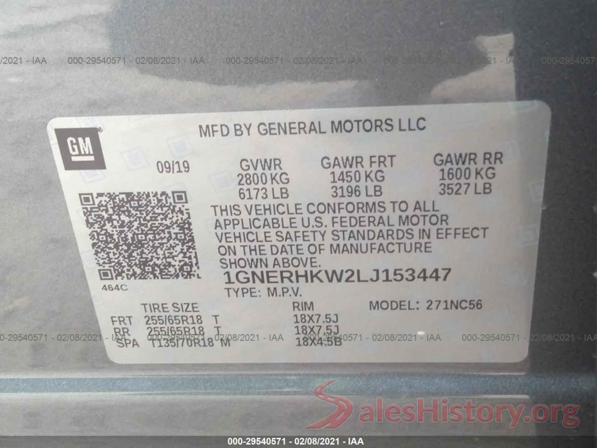 1GNERHKW2LJ153447 2020 CHEVROLET TRAVERSE