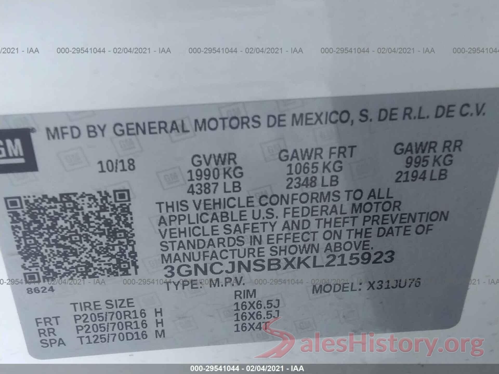 3GNCJNSBXKL215923 2019 CHEVROLET TRAX