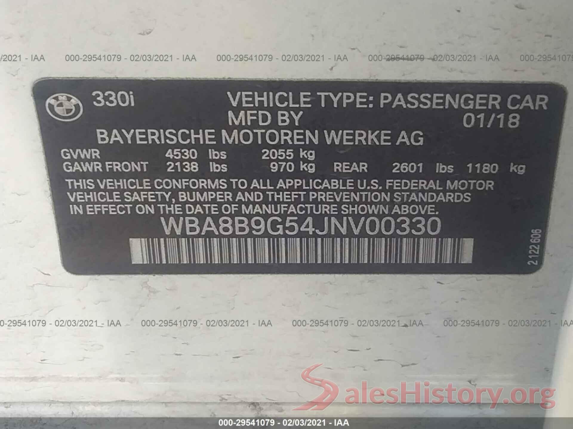 WBA8B9G54JNV00330 2018 BMW 3 SERIES