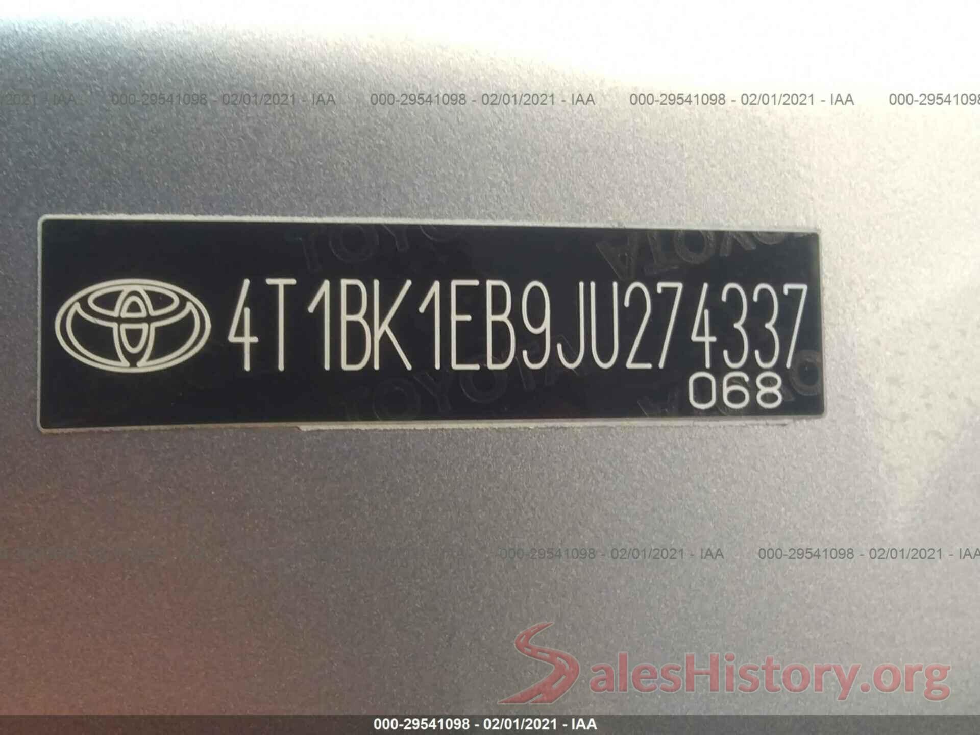 4T1BK1EB9JU274337 2018 TOYOTA AVALON