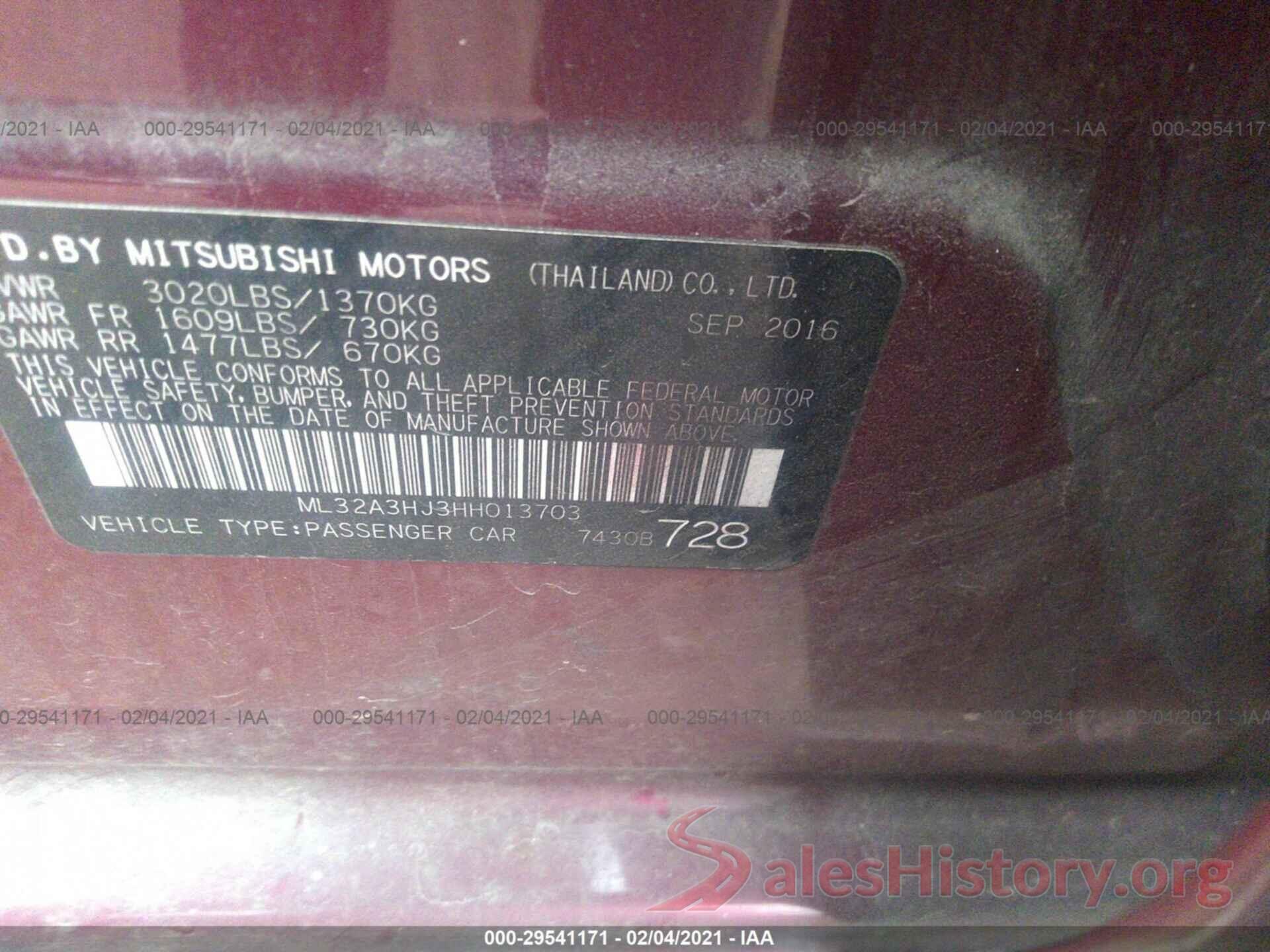 ML32A3HJ3HH013703 2017 MITSUBISHI MIRAGE