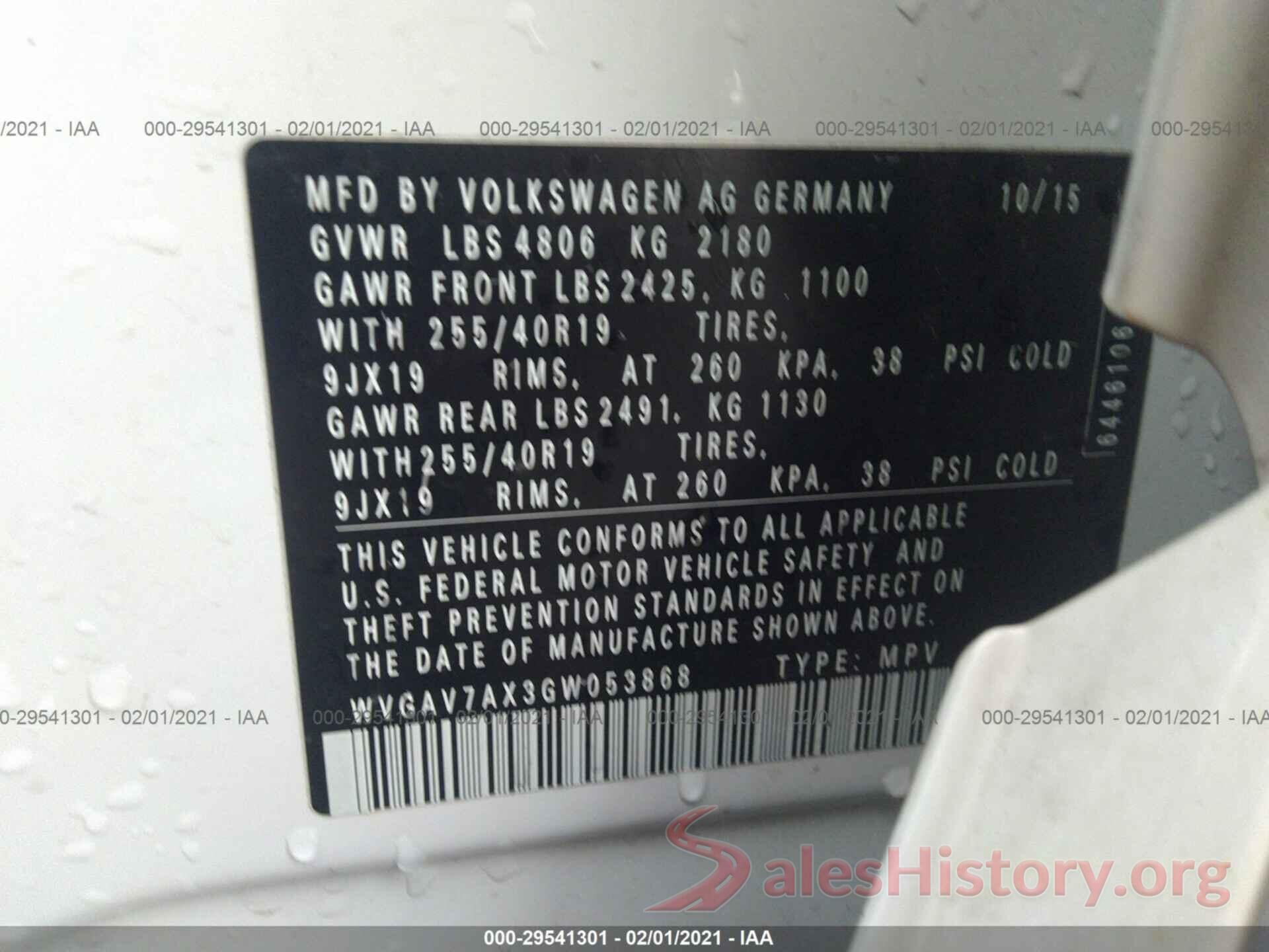 WVGAV7AX3GW053868 2016 VOLKSWAGEN TIGUAN