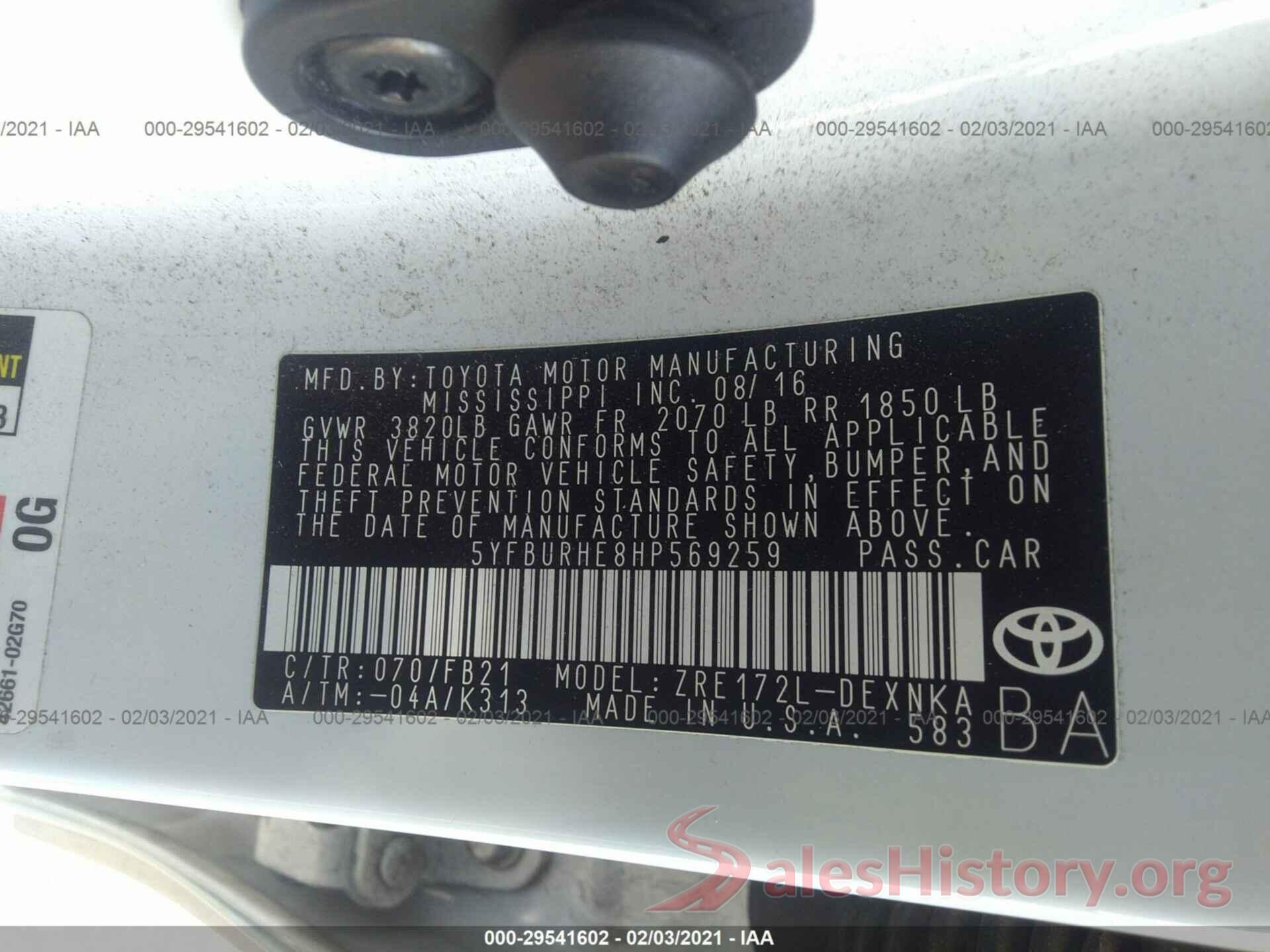 5YFBURHE8HP569259 2017 TOYOTA COROLLA