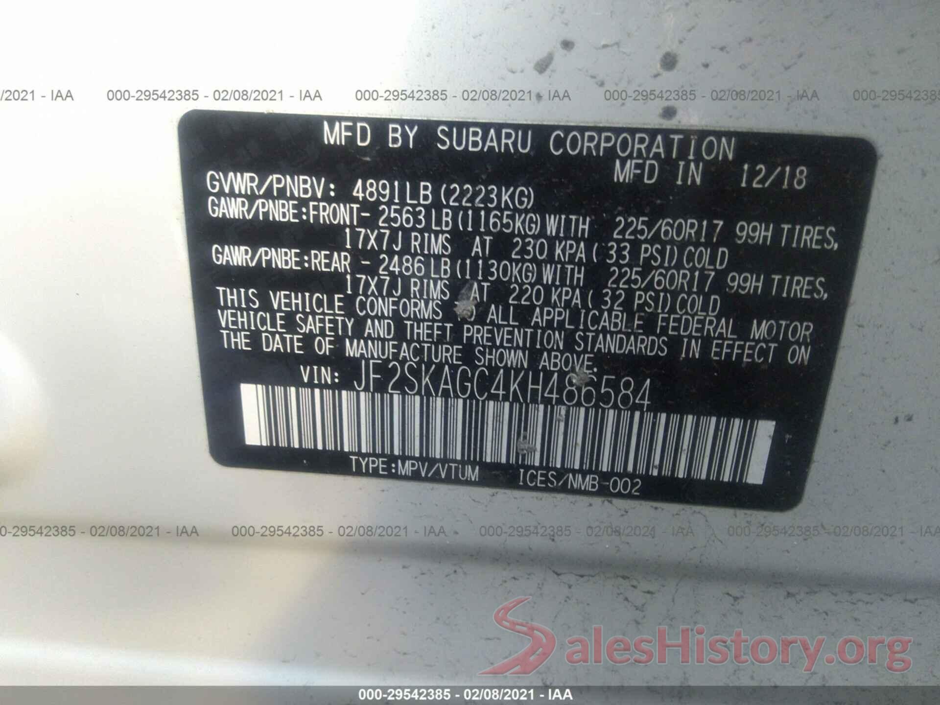 JF2SKAGC4KH486584 2019 SUBARU FORESTER