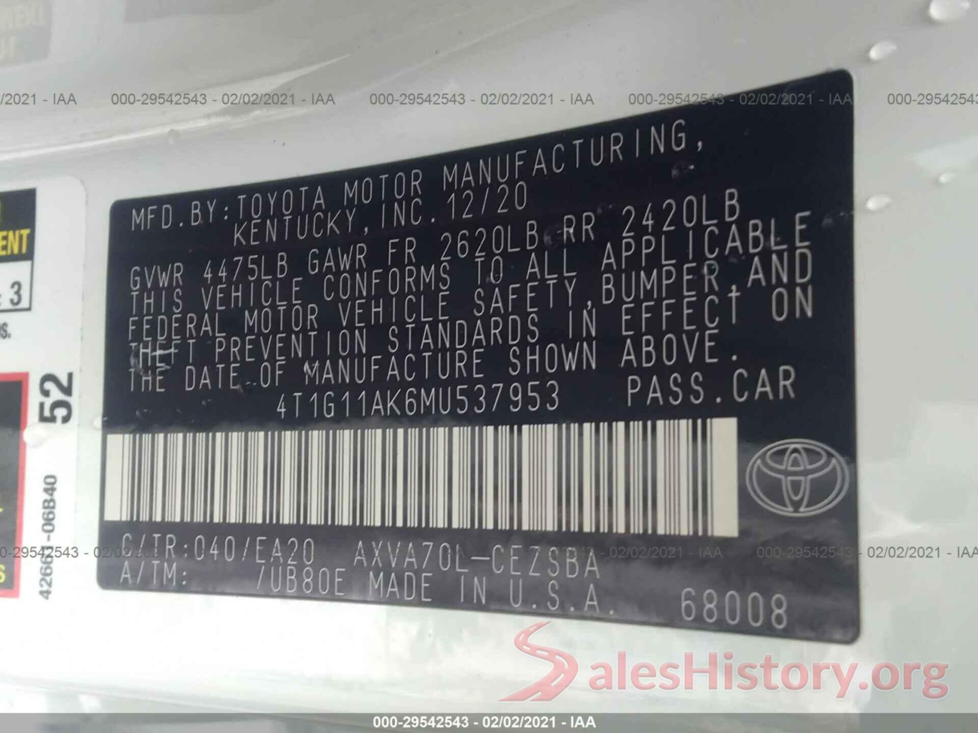 4T1G11AK6MU537953 2021 TOYOTA CAMRY