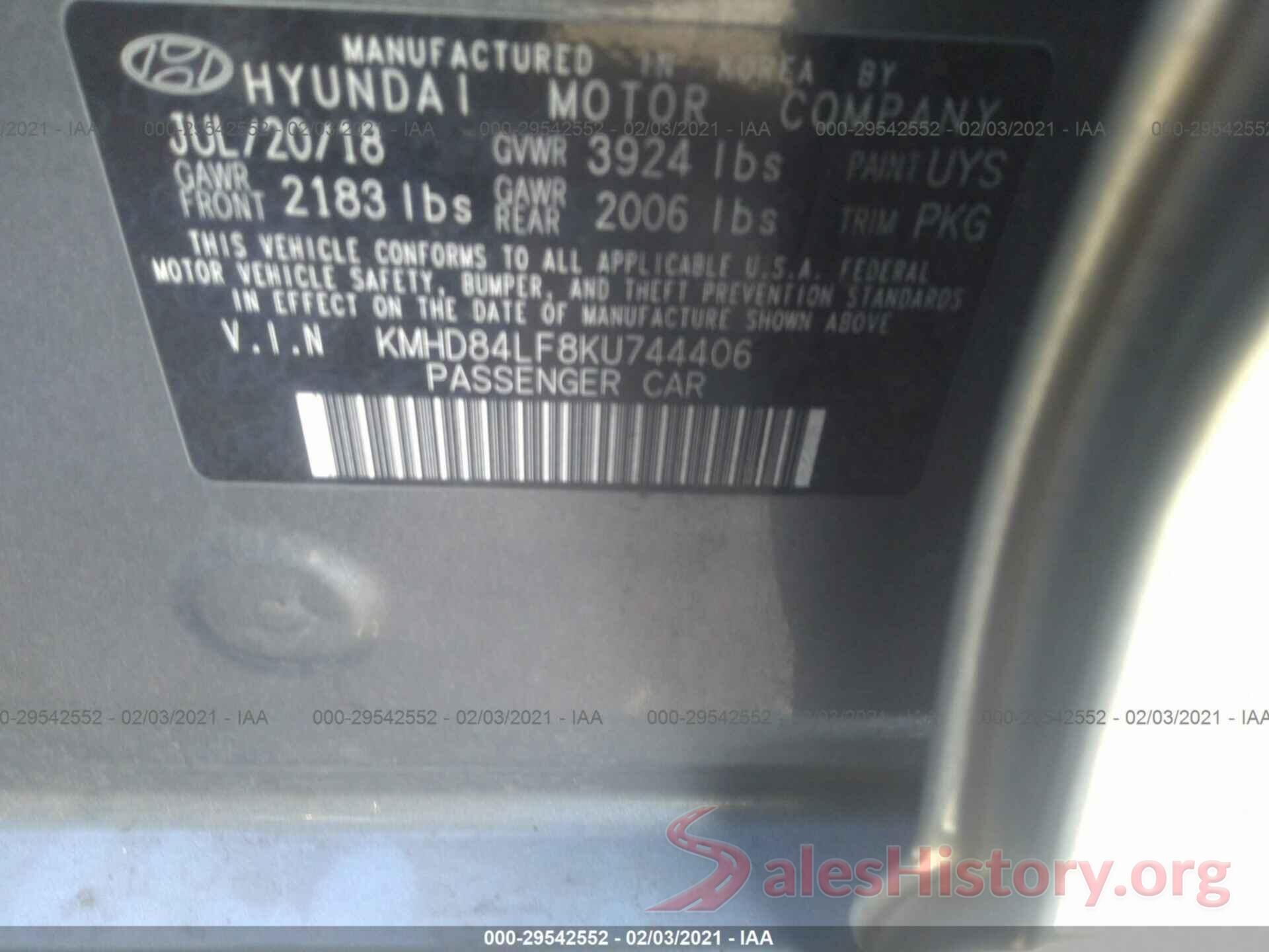 KMHD84LF8KU744406 2019 HYUNDAI ELANTRA