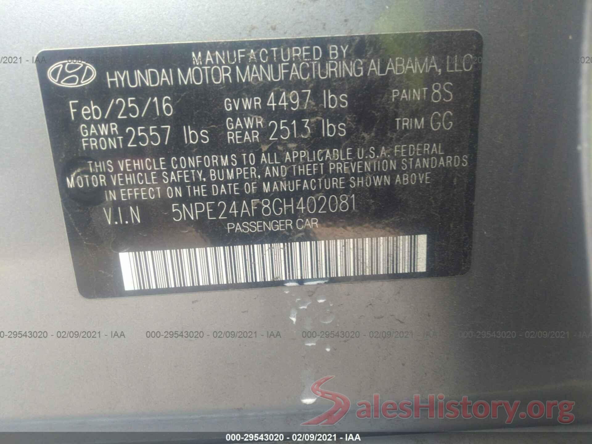 5NPE24AF8GH402081 2016 HYUNDAI SONATA