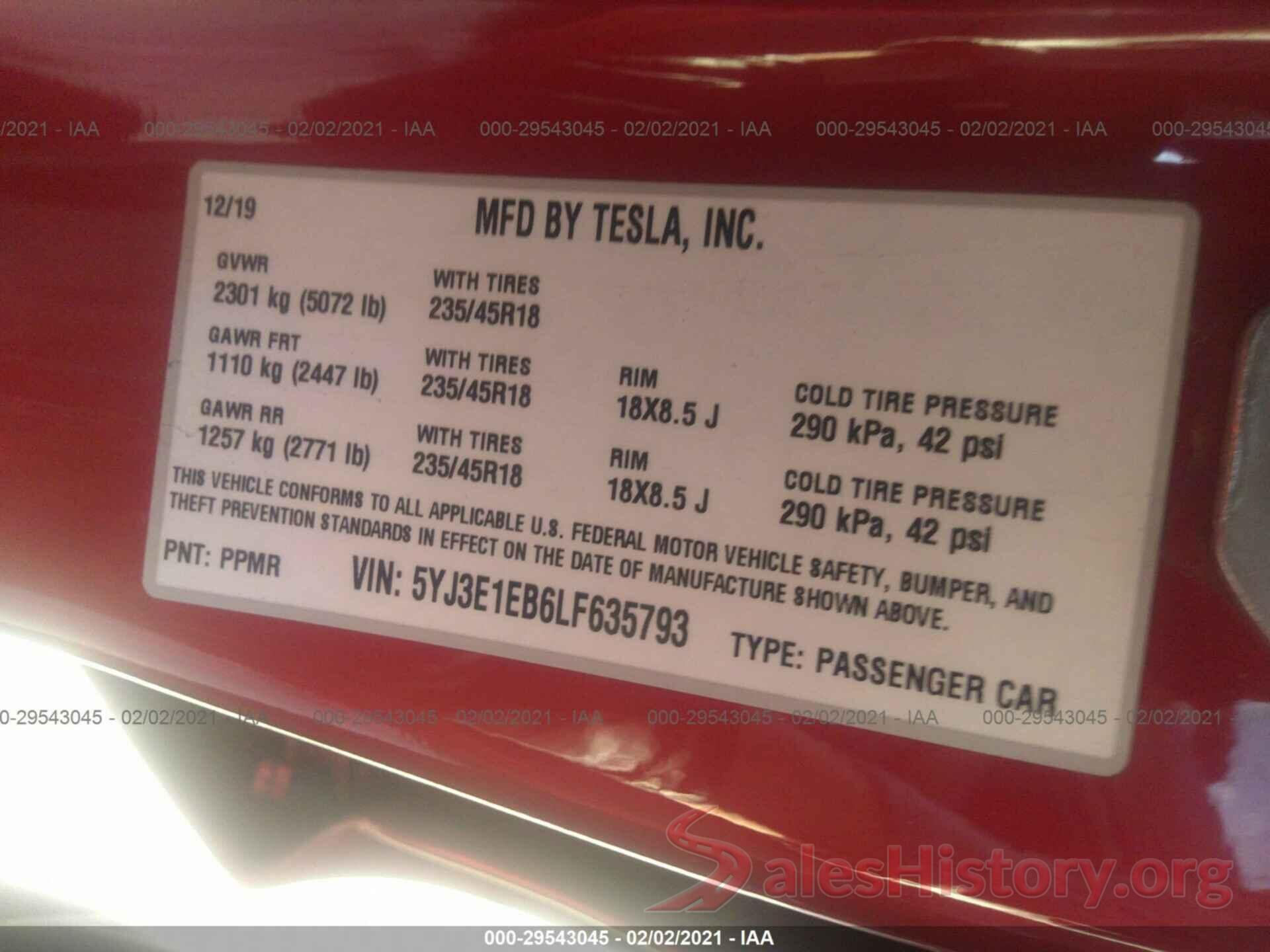 5YJ3E1EB6LF635793 2020 TESLA MODEL 3