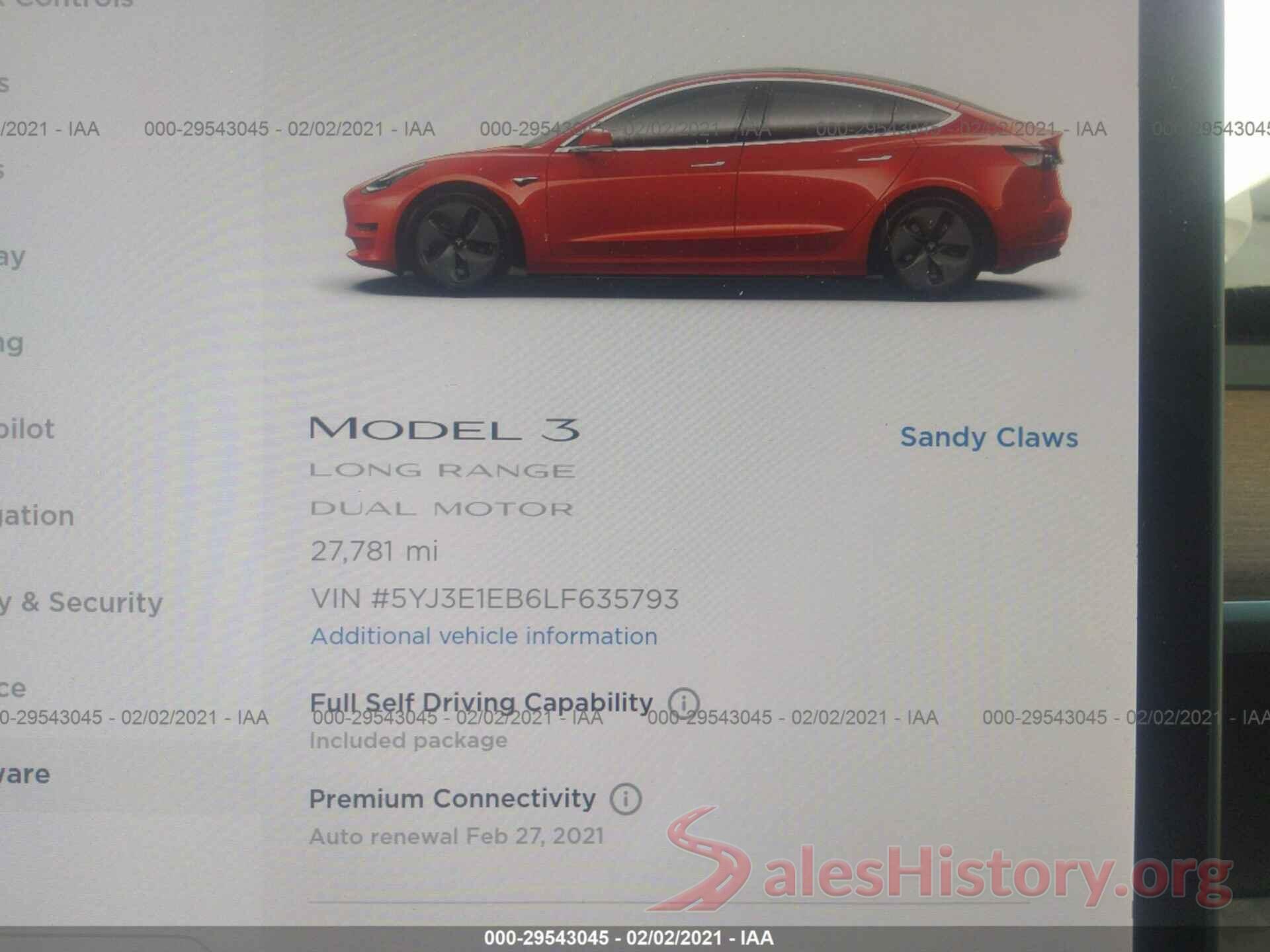 5YJ3E1EB6LF635793 2020 TESLA MODEL 3