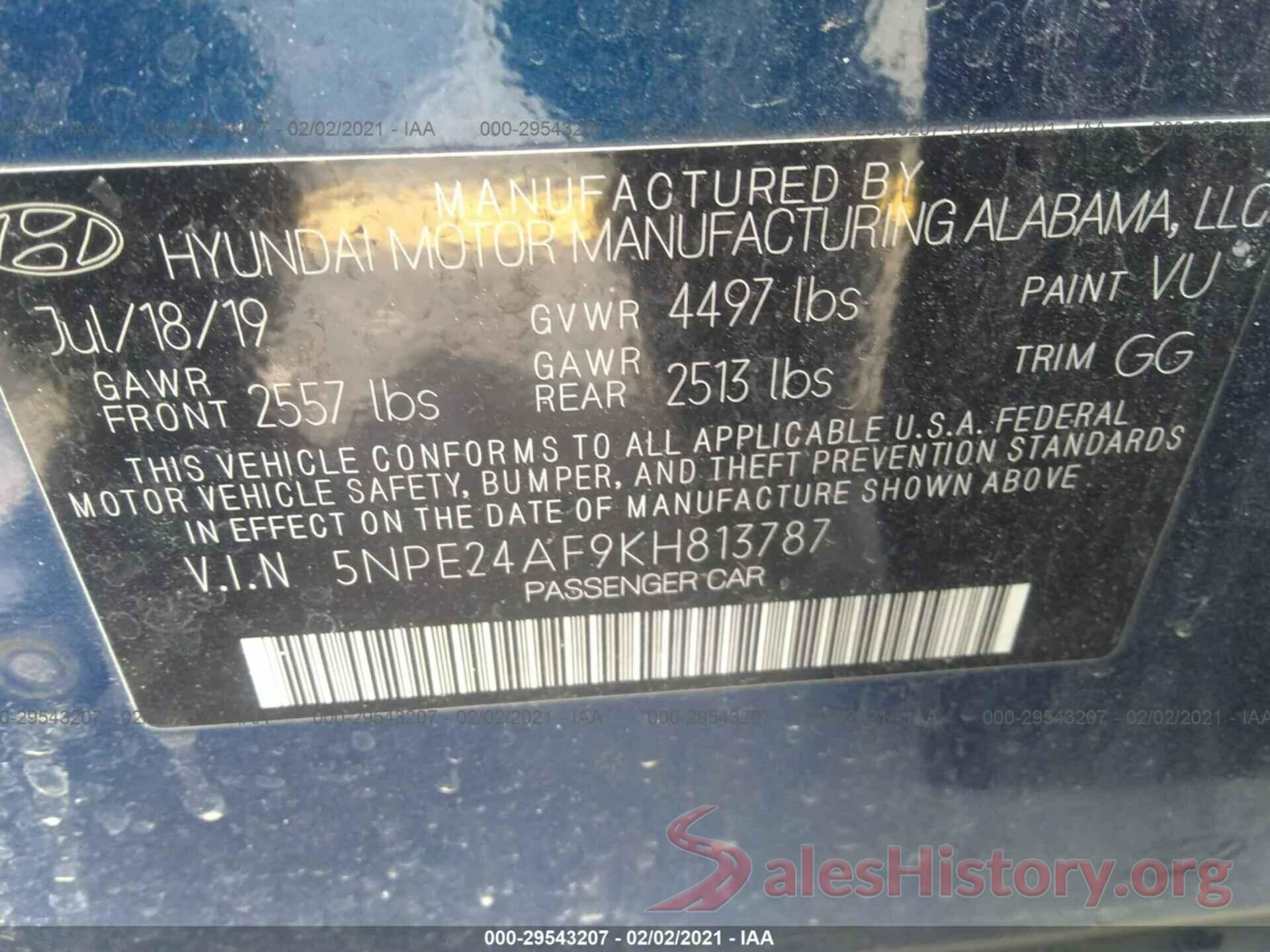 5NPE24AF9KH813787 2019 HYUNDAI SONATA