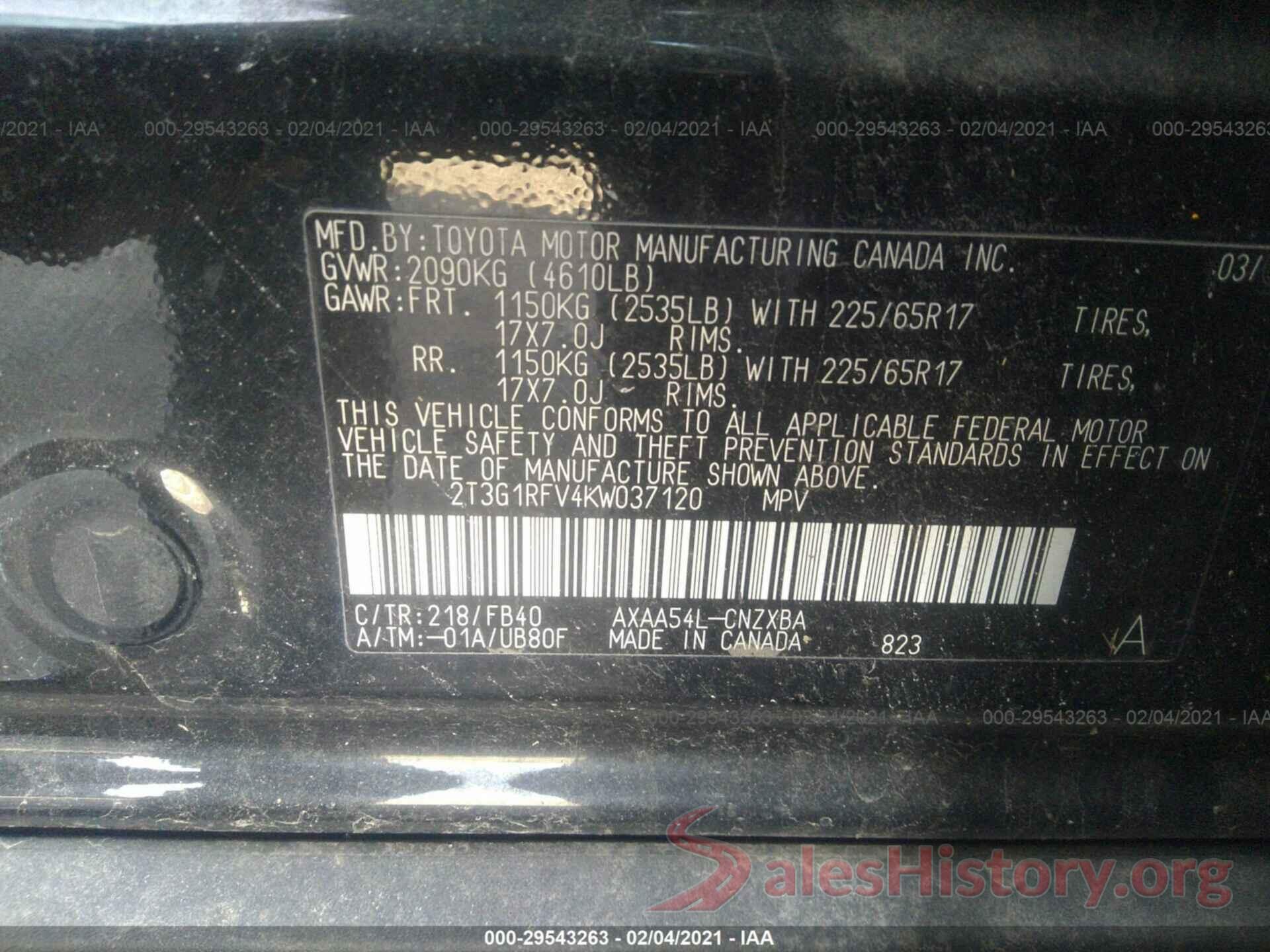 2T3G1RFV4KW037120 2019 TOYOTA RAV4