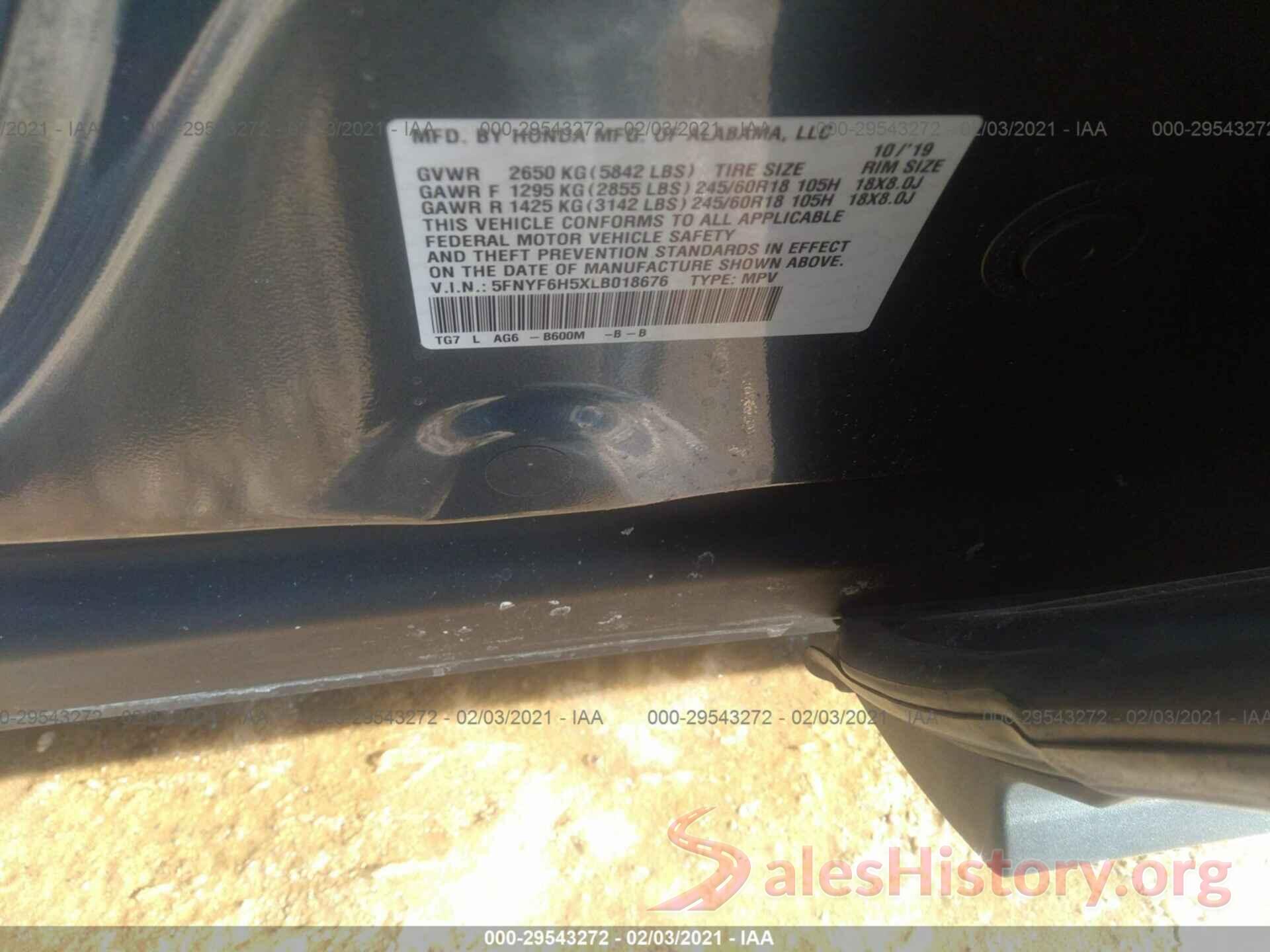 5FNYF6H5XLB018676 2020 HONDA PILOT