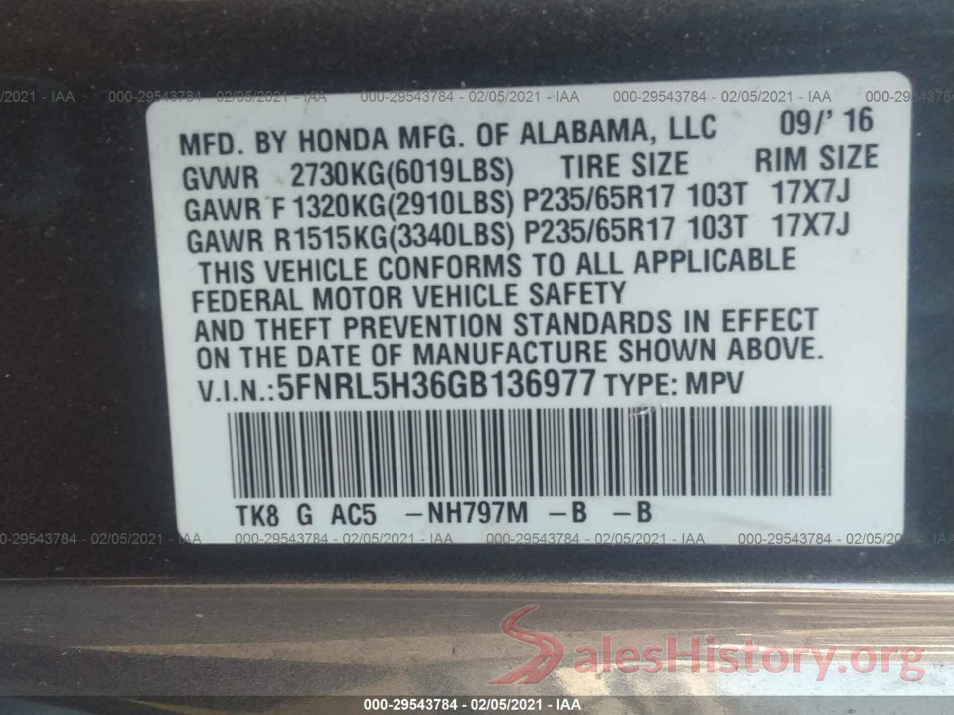 5FNRL5H36GB136977 2016 HONDA ODYSSEY