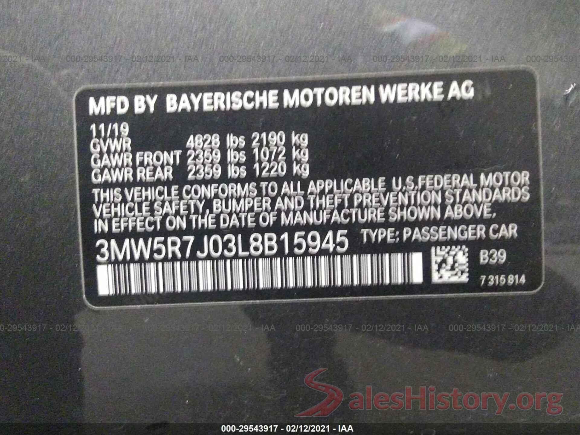 3MW5R7J03L8B15945 2020 BMW 3 SERIES