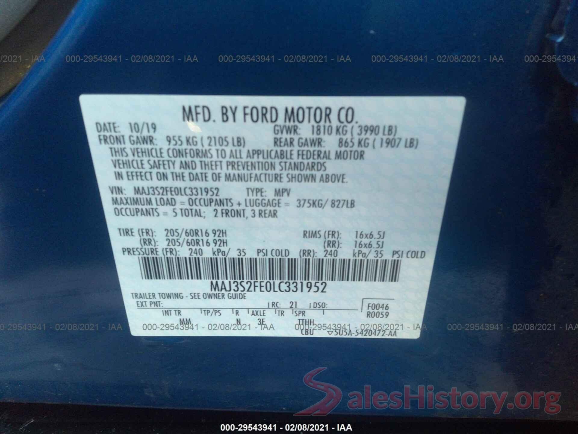 MAJ3S2FE0LC331952 2020 FORD ECOSPORT