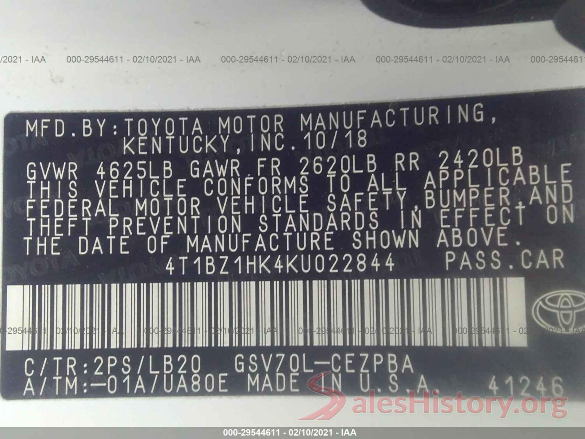 4T1BZ1HK4KU022844 2019 TOYOTA CAMRY