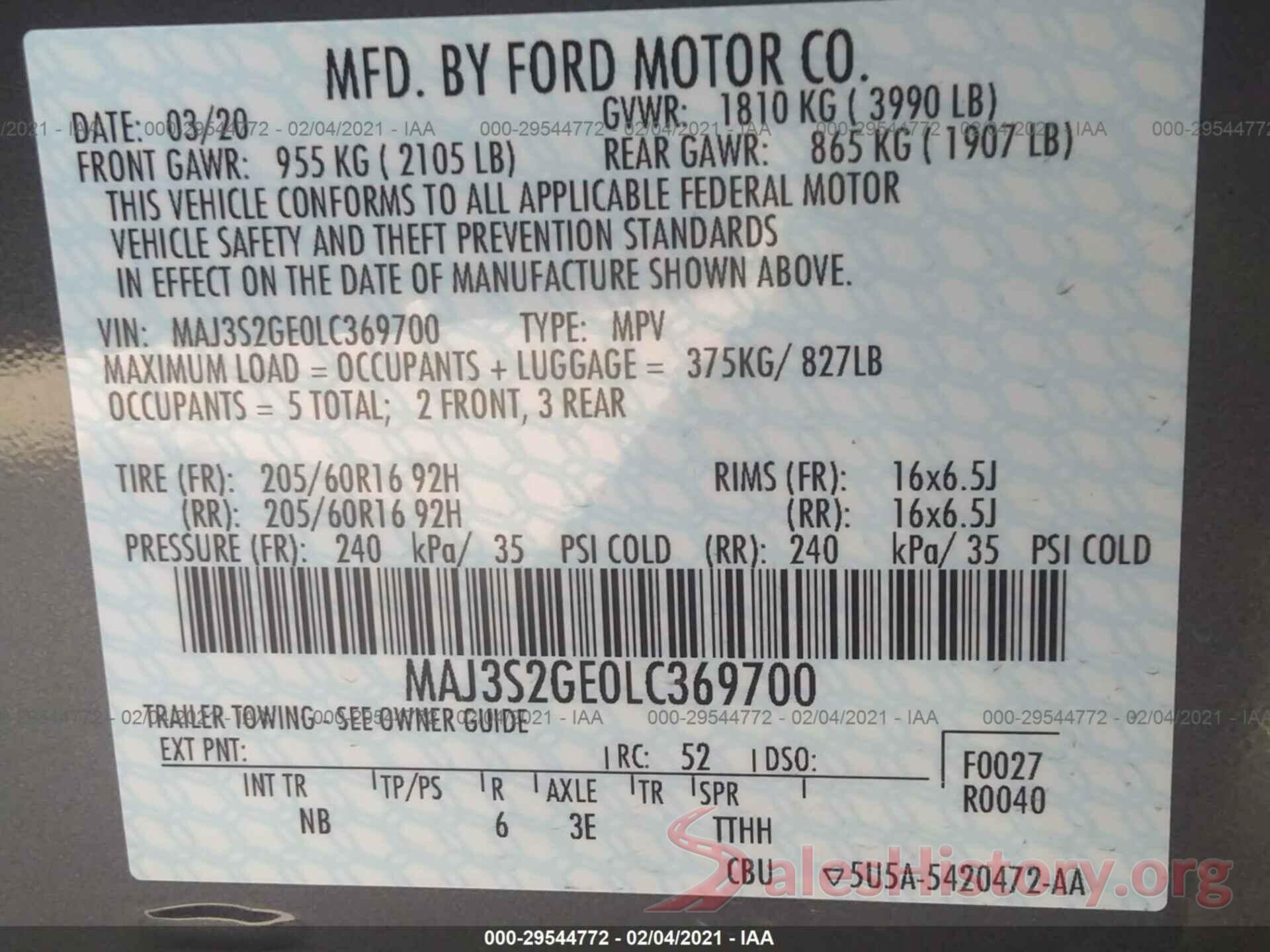 MAJ3S2GE0LC369700 2020 FORD ECOSPORT