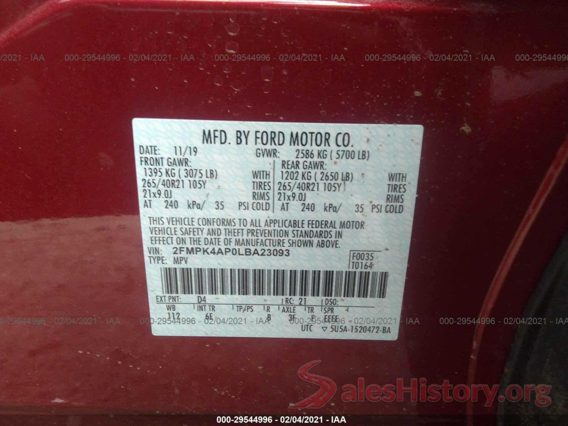 2FMPK4AP0LBA23093 2020 FORD EDGE