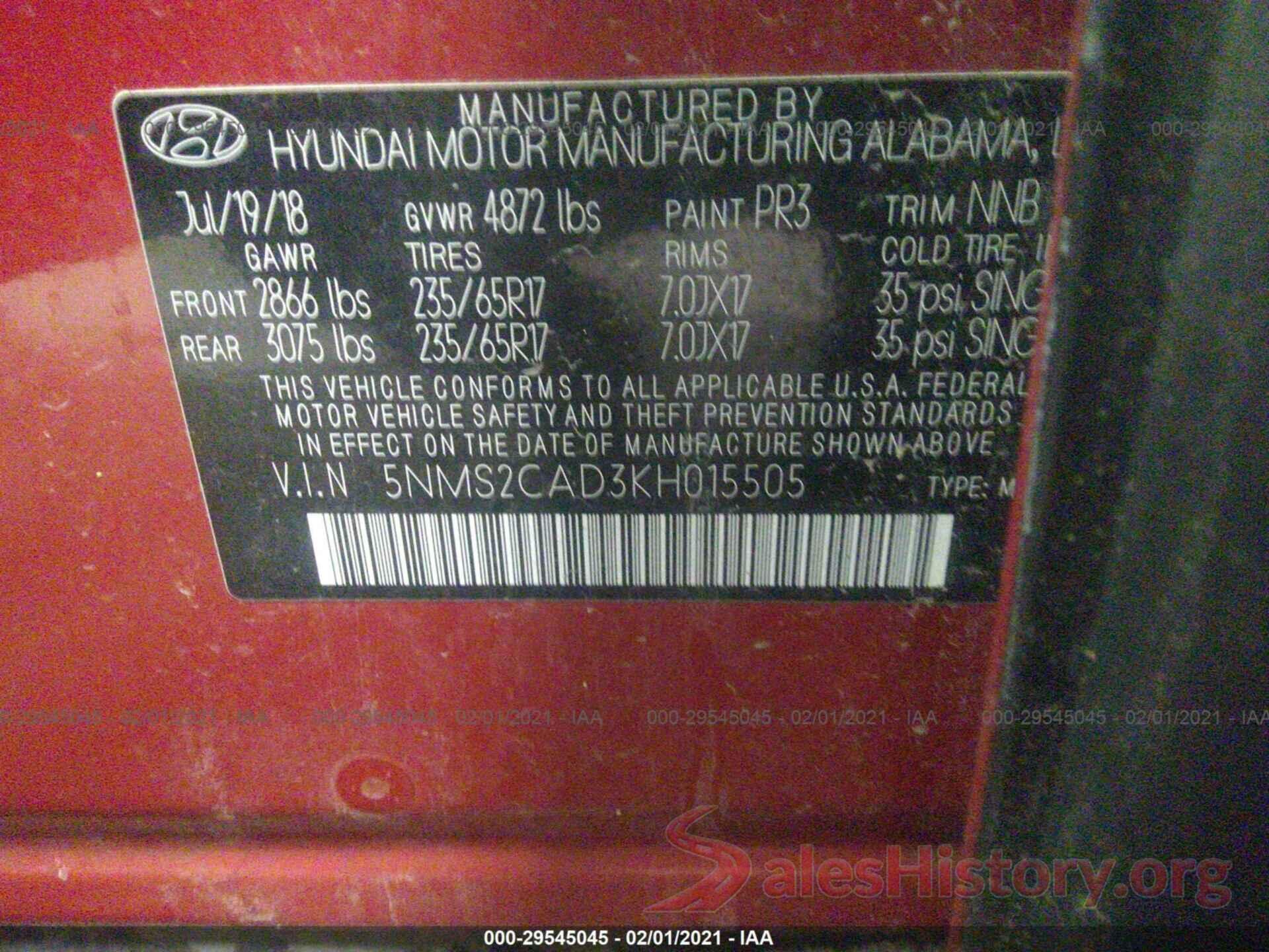 5NMS2CAD3KH015505 2019 HYUNDAI SANTA FE