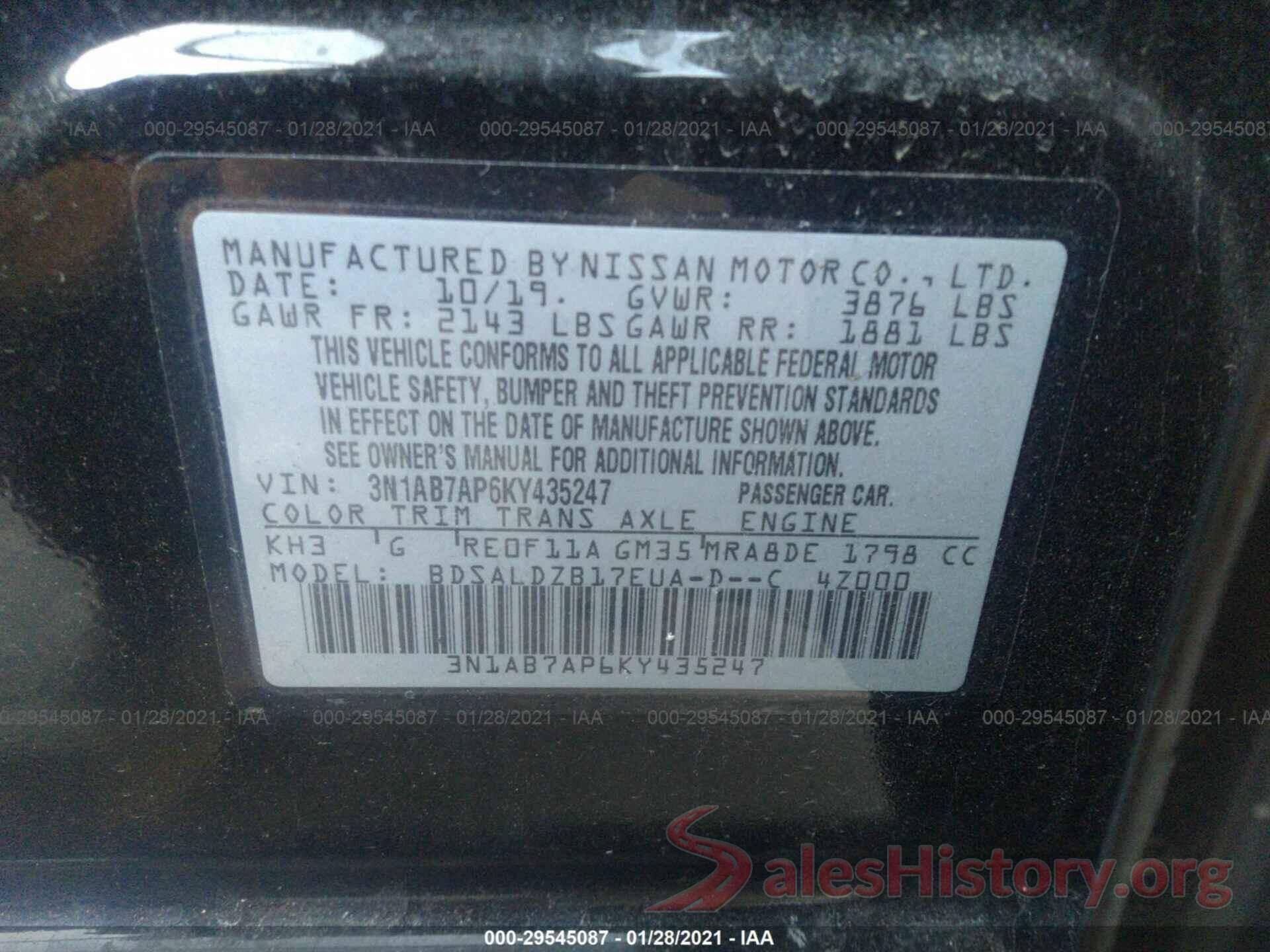 3N1AB7AP6KY435247 2019 NISSAN SENTRA